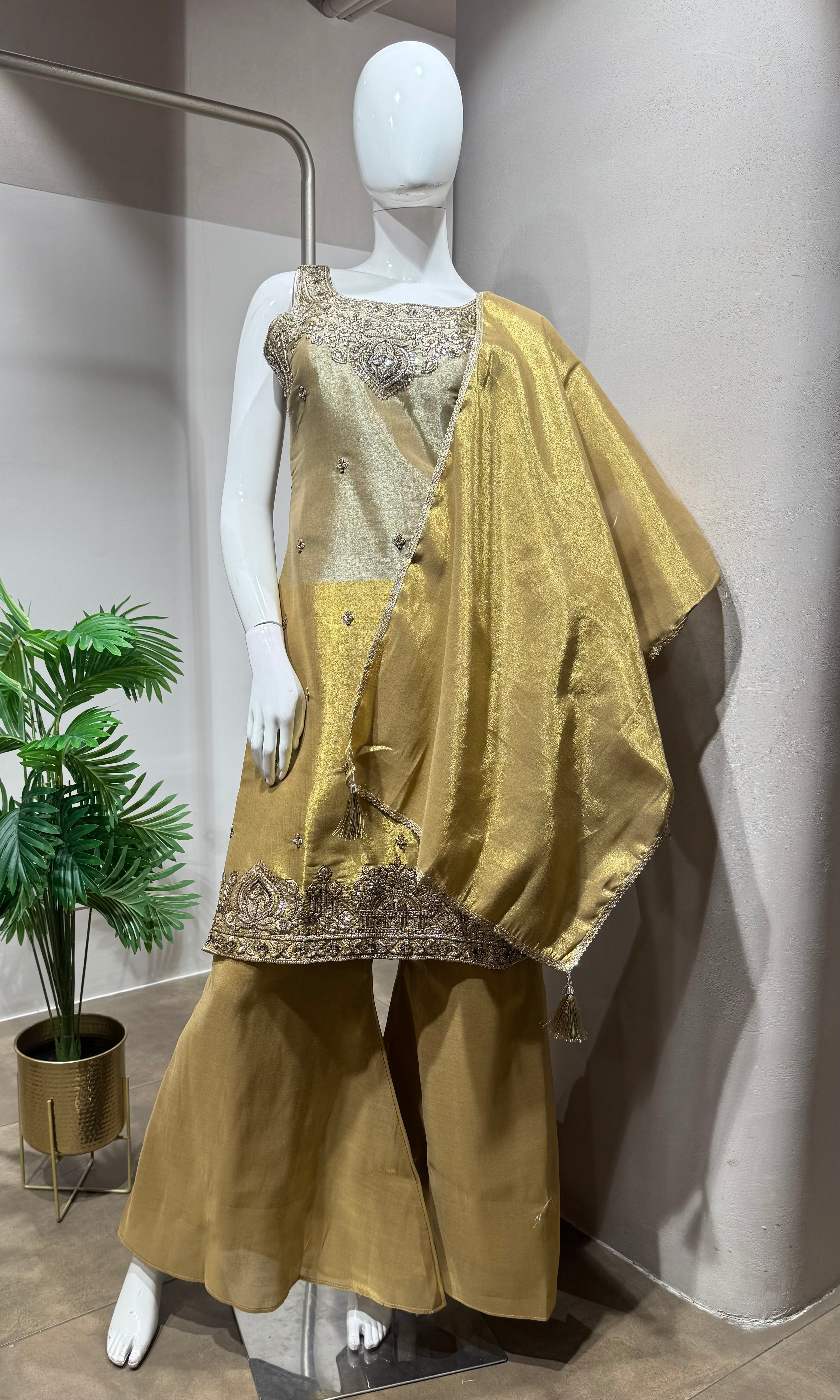 Gold Tissue Silk Sharara Ensemble