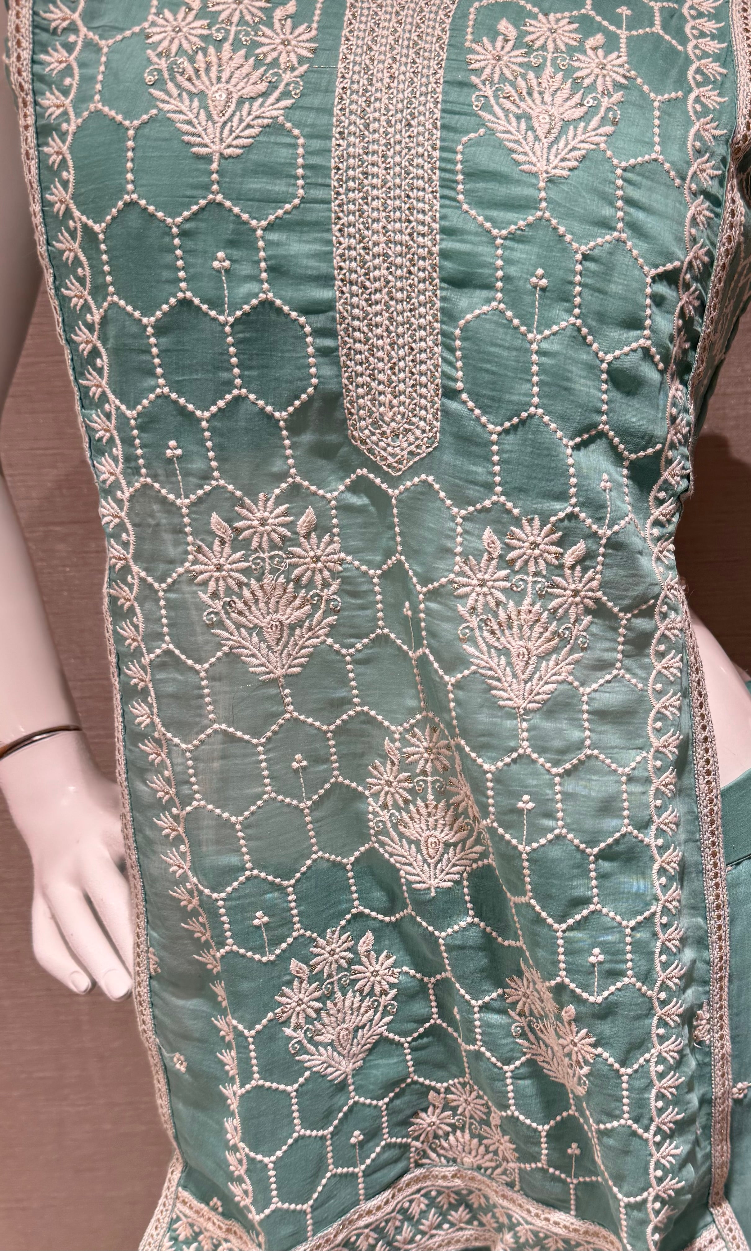 Sea green Floral Embroidered Palazzo with Sheer Dupatta