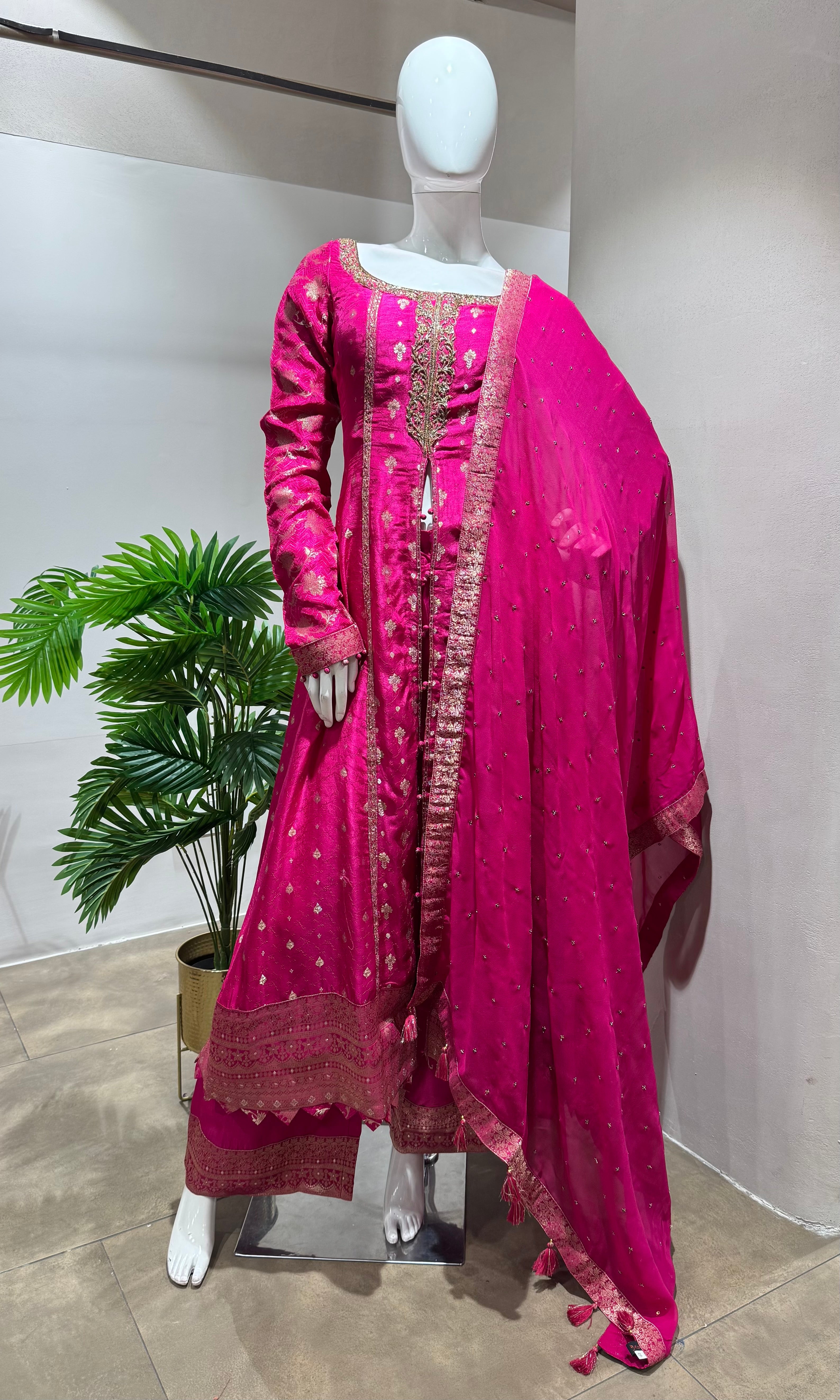 PINK GOLD EMBROIDERED FRONT SLIT ANARKALI SET