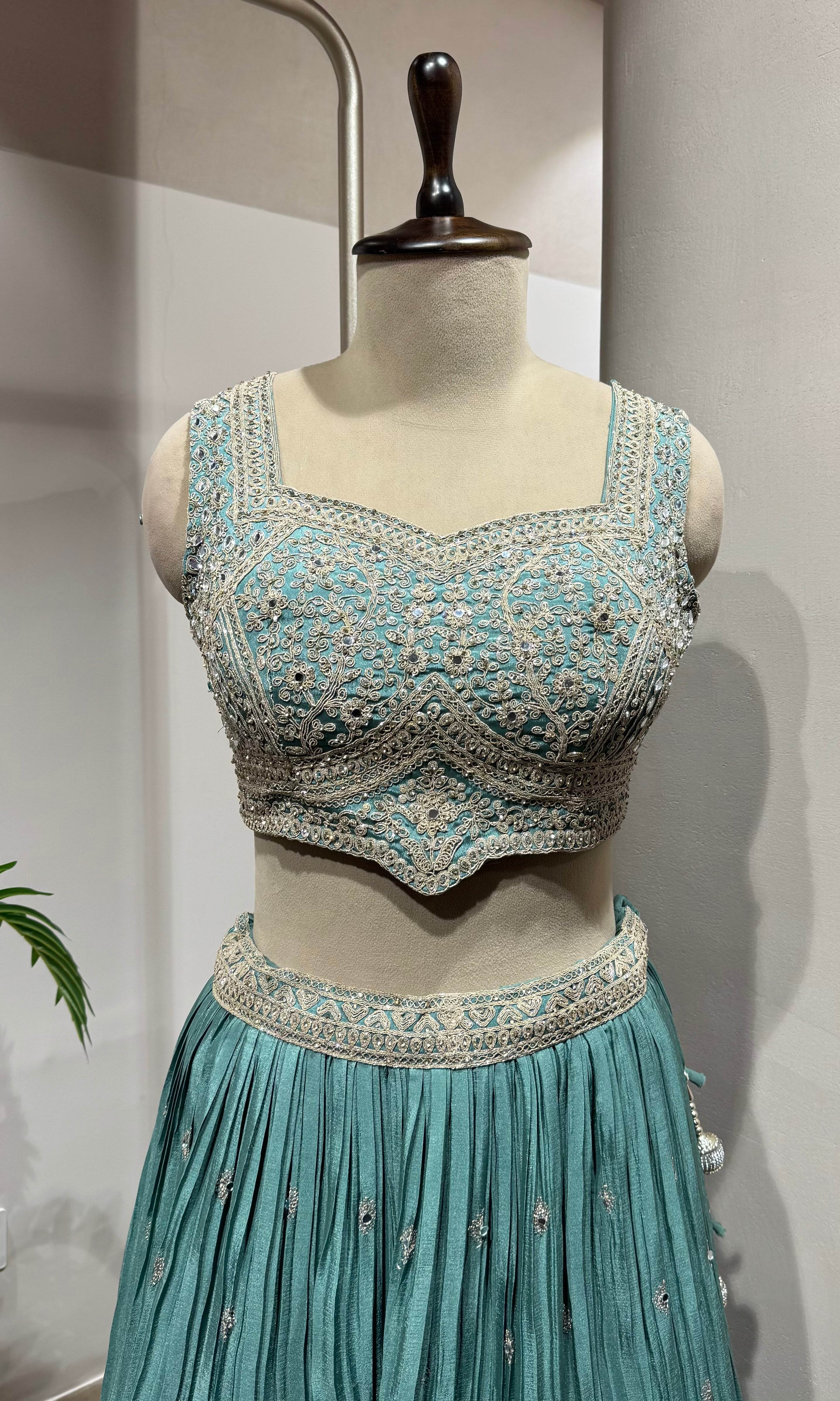 Light Green Embroidered Crop Top Lehenga