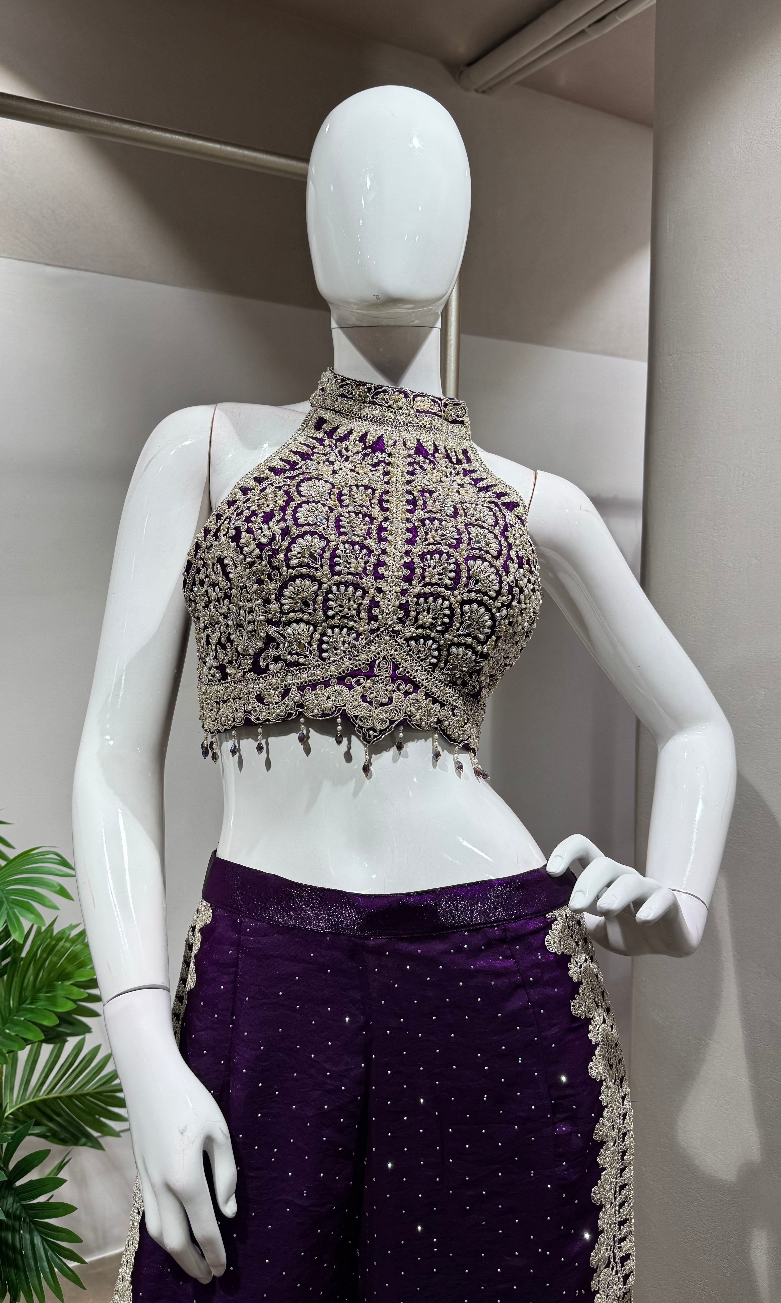 PURPLE EMBROIDERED HALTER CROP TOP PALAZZO SET