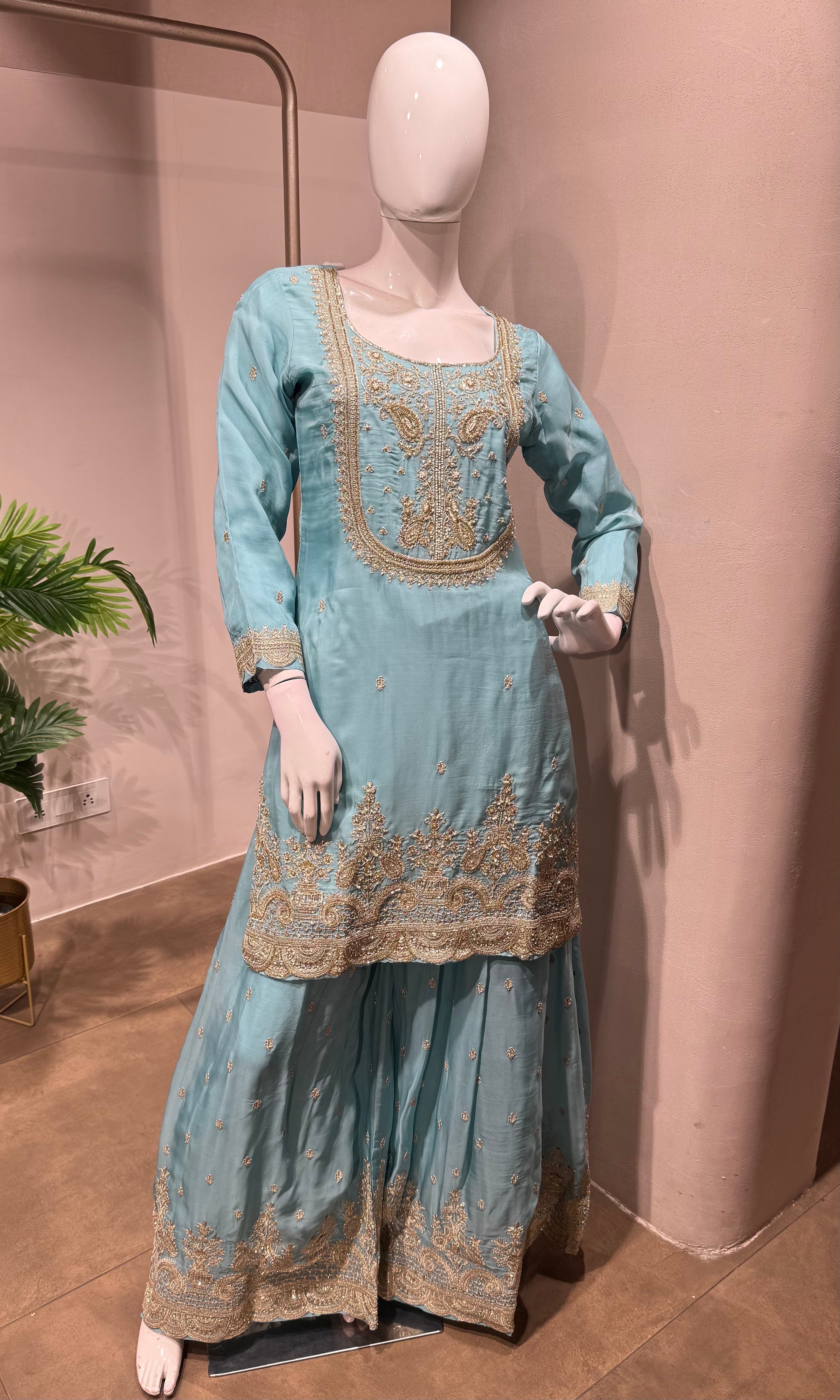 blue and gold embroidered sharara set