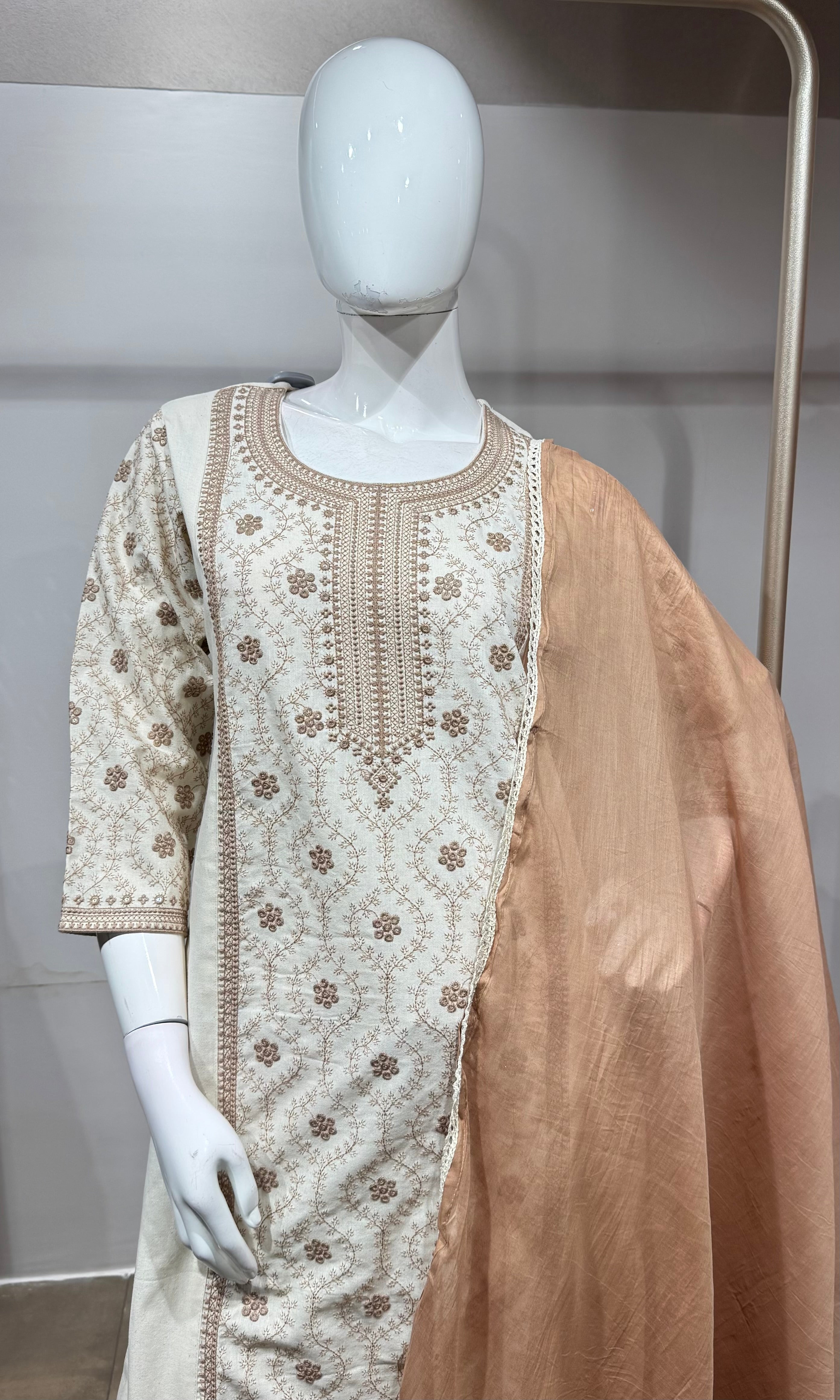 CREAM Cotton Kurta Set with Dupatta