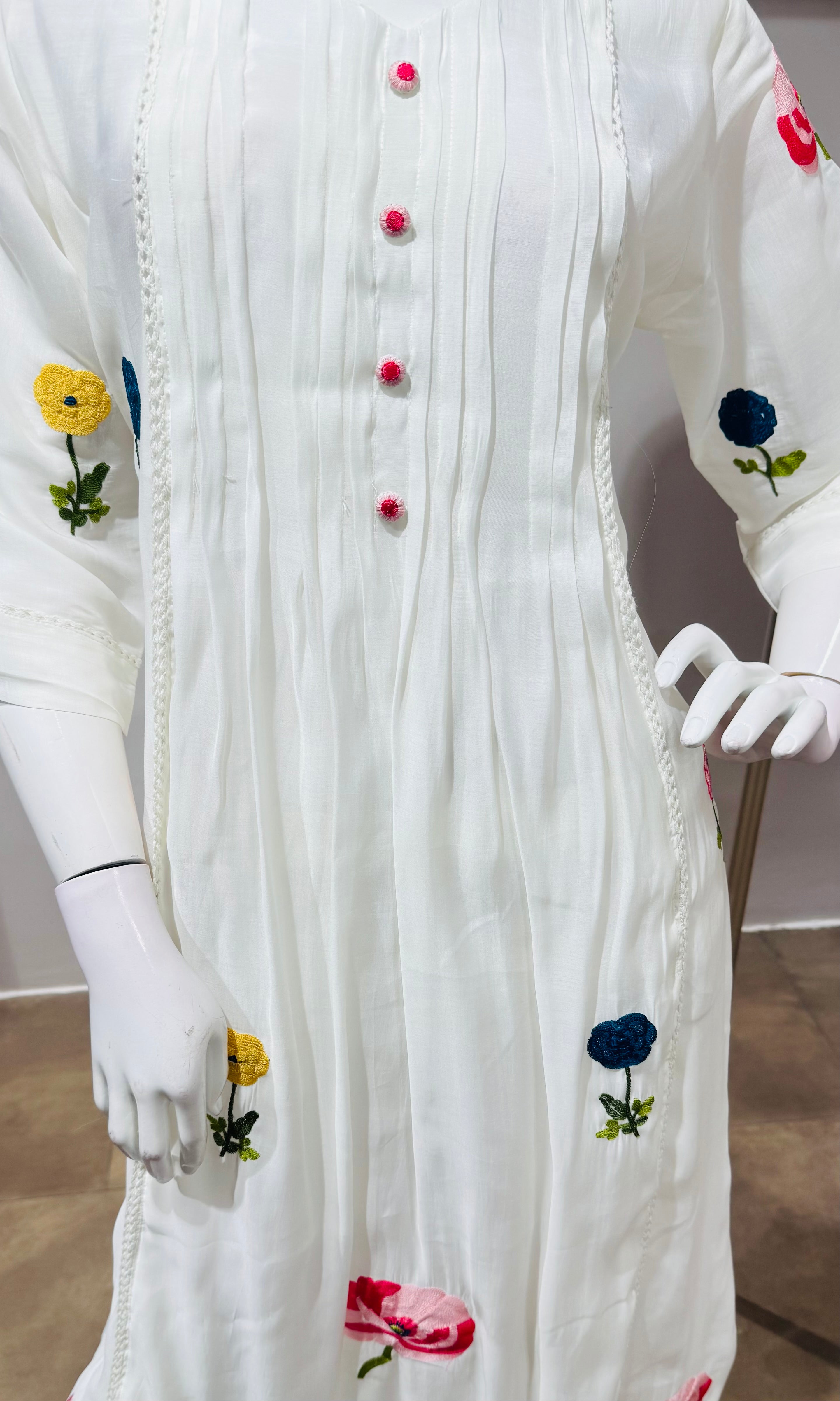 White Floral Kurta Pant Set with Dupatta