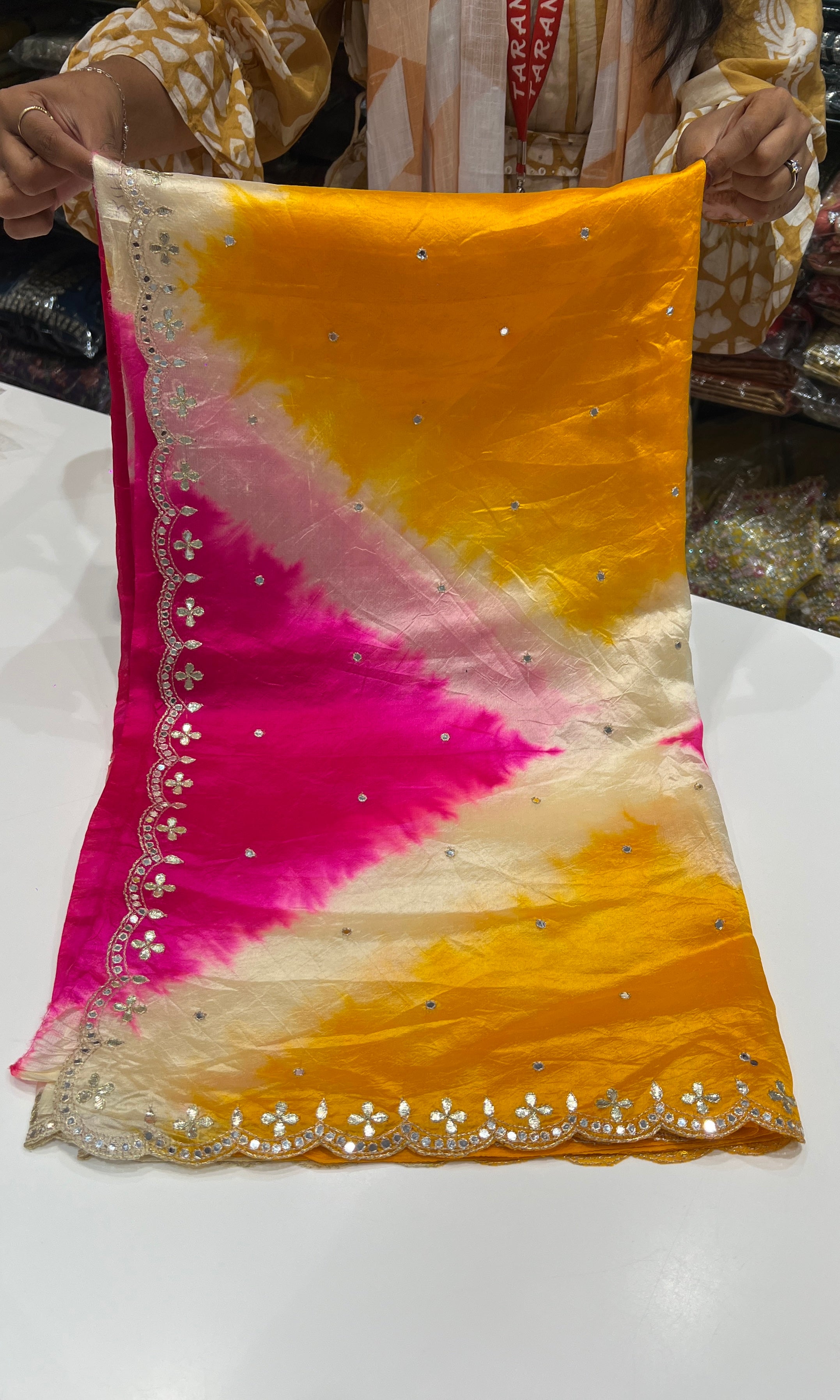 Shibori Tussar silk yellow and pink saree