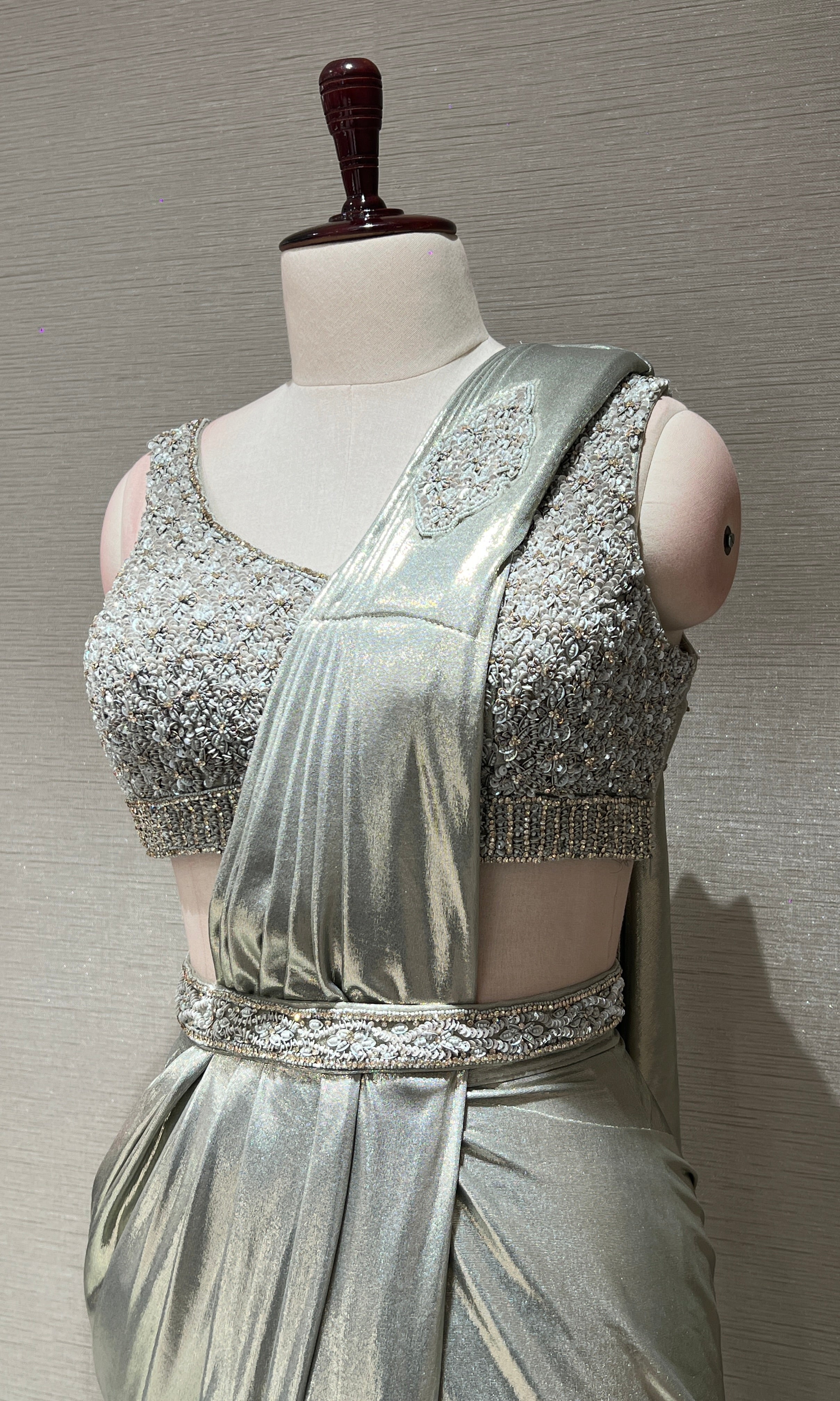 grey draped saree with sequin corset blouse