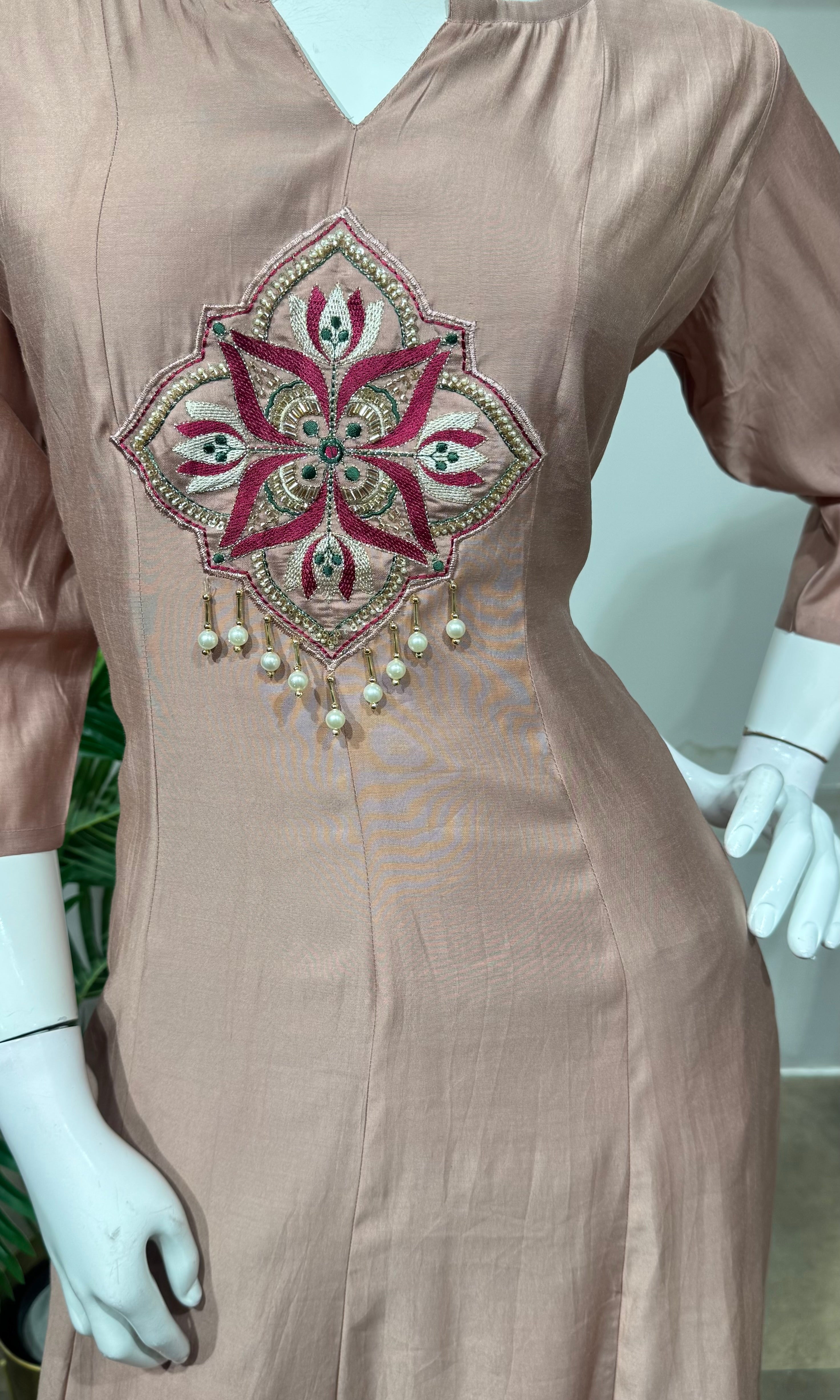 Beige Rose Silk Straight Kurta Set