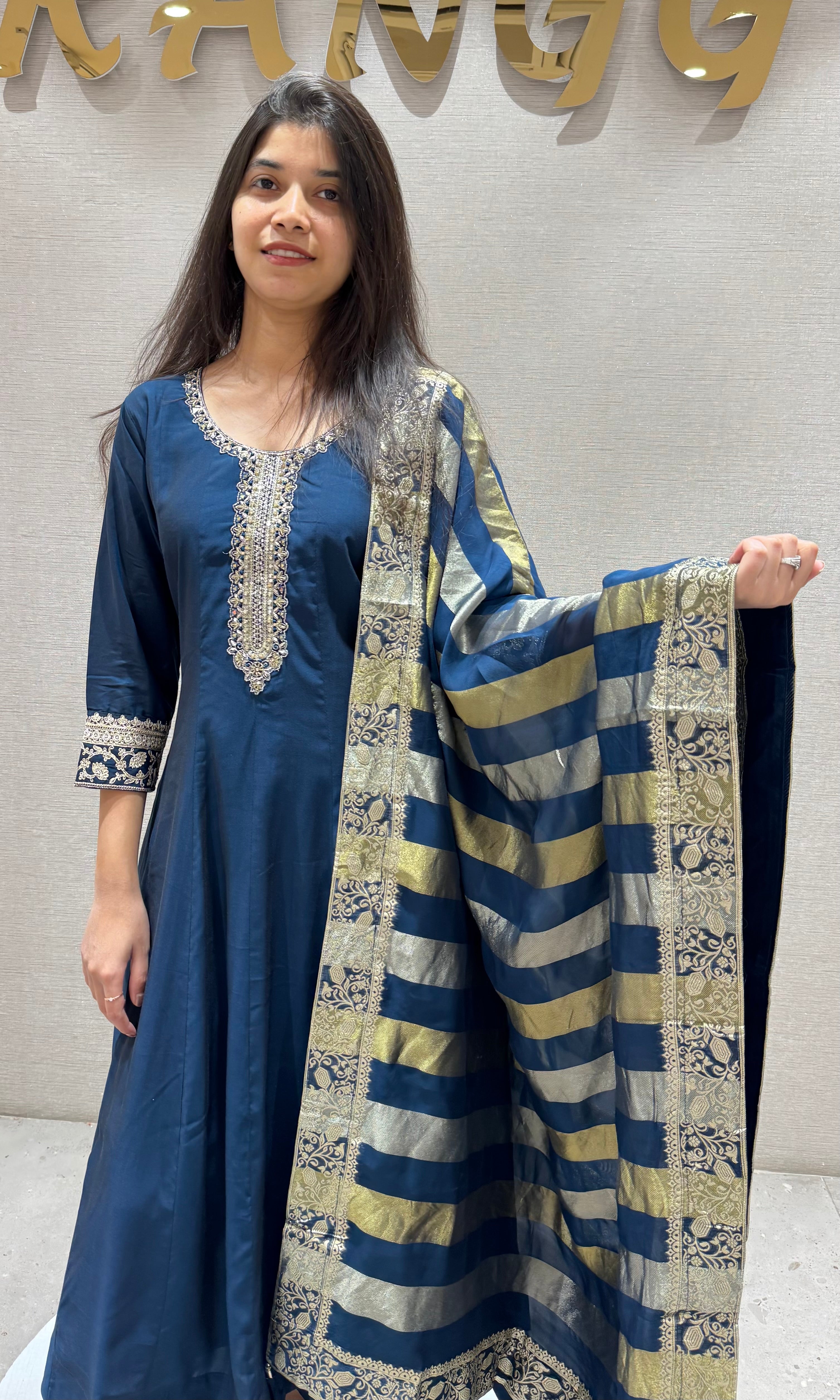 Regal Navy Blue Embroidered Anarkali Set
