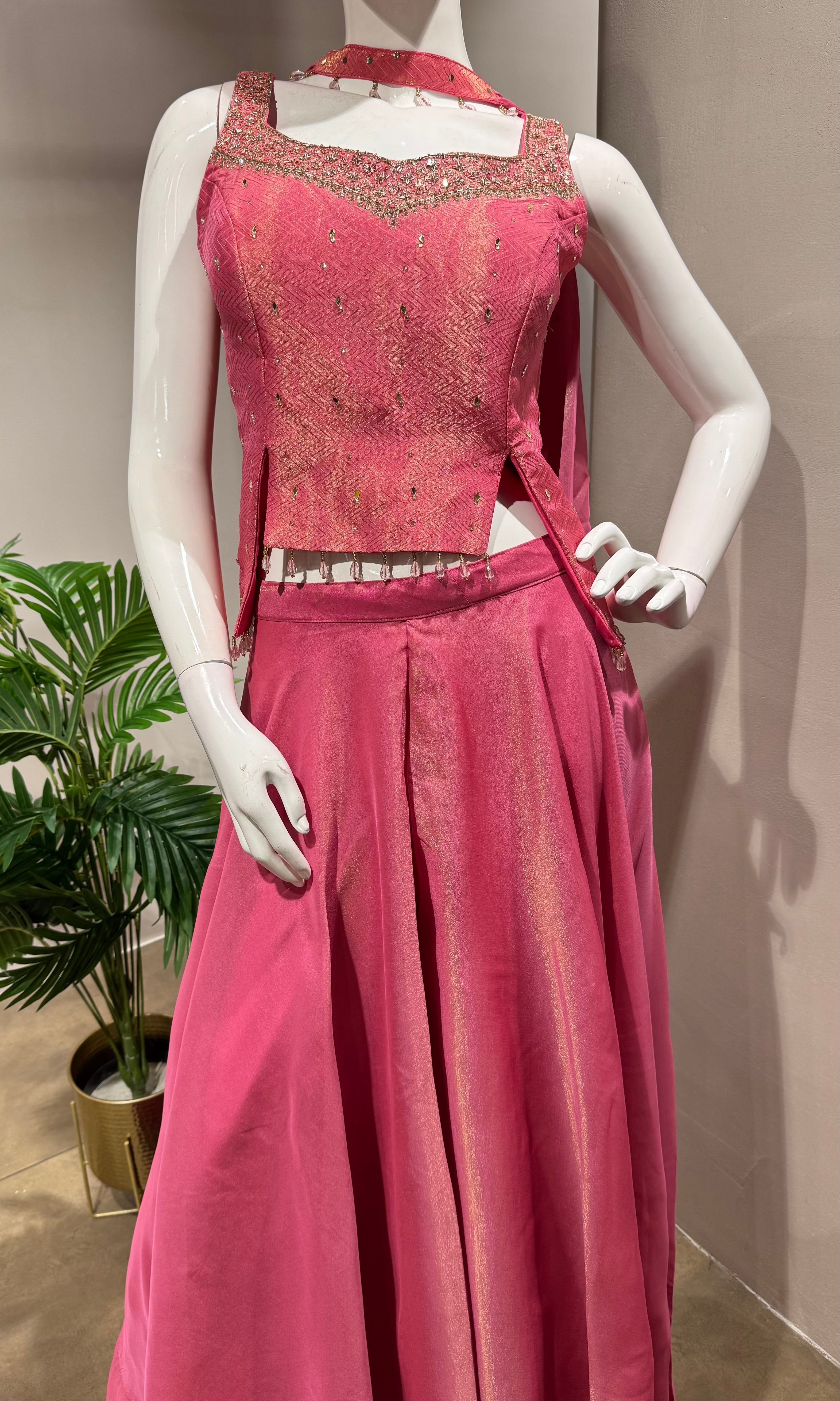 Pink Embellished Crop Top & Palazzo Set