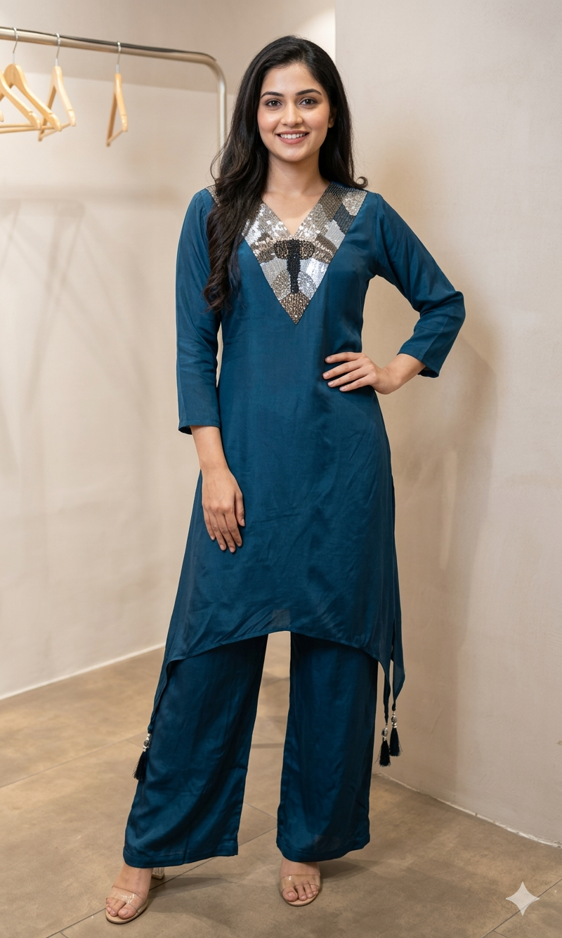 TEAL BLUE ELEGANT V NECK CORD SET