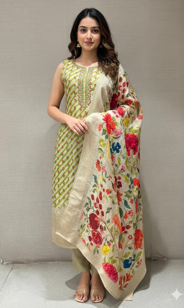Green kurta set with floral dupatta