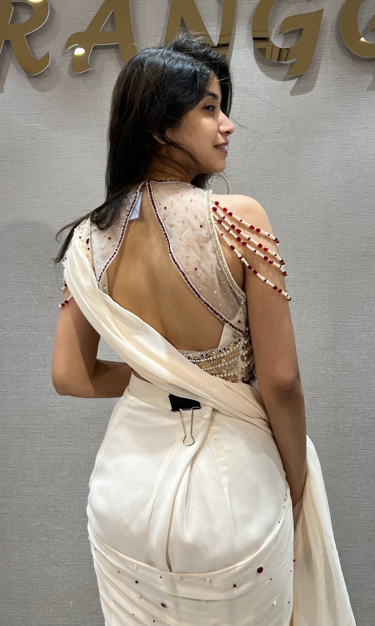 Cream Georgette Saree with Beaded Halter Blouse