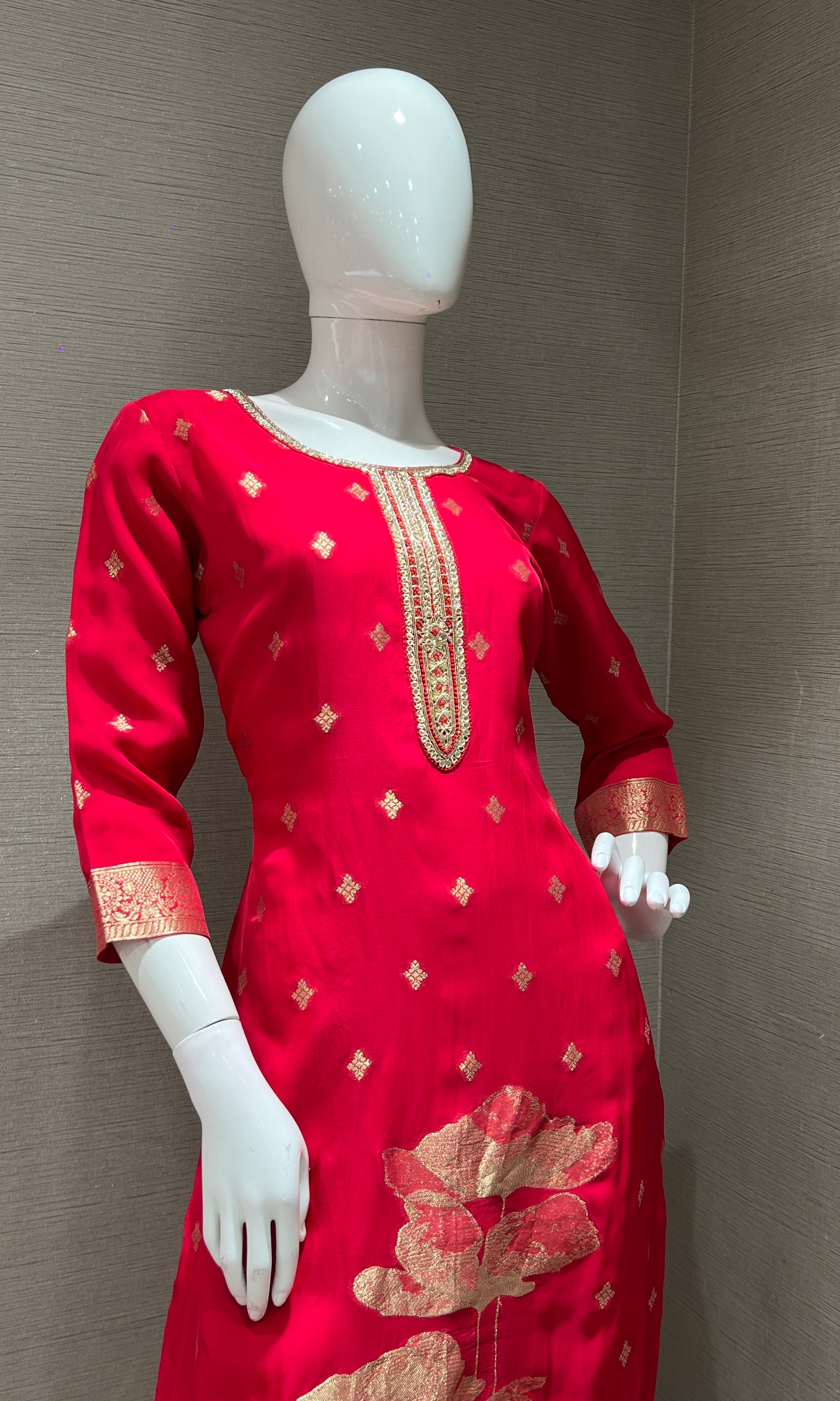 Rani pink golden floral kurta set