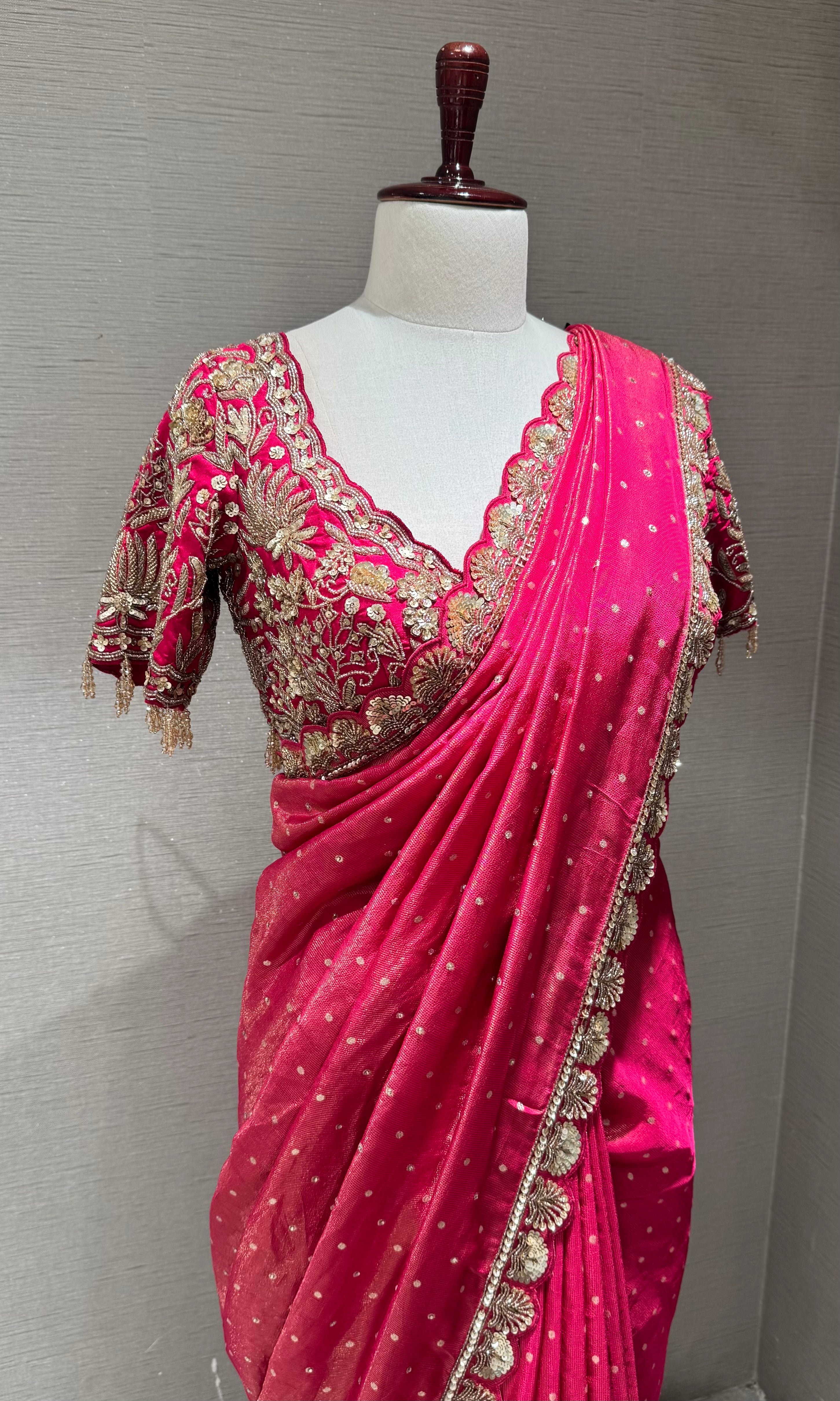 Pink Bandhani Saree with embroidered blouse