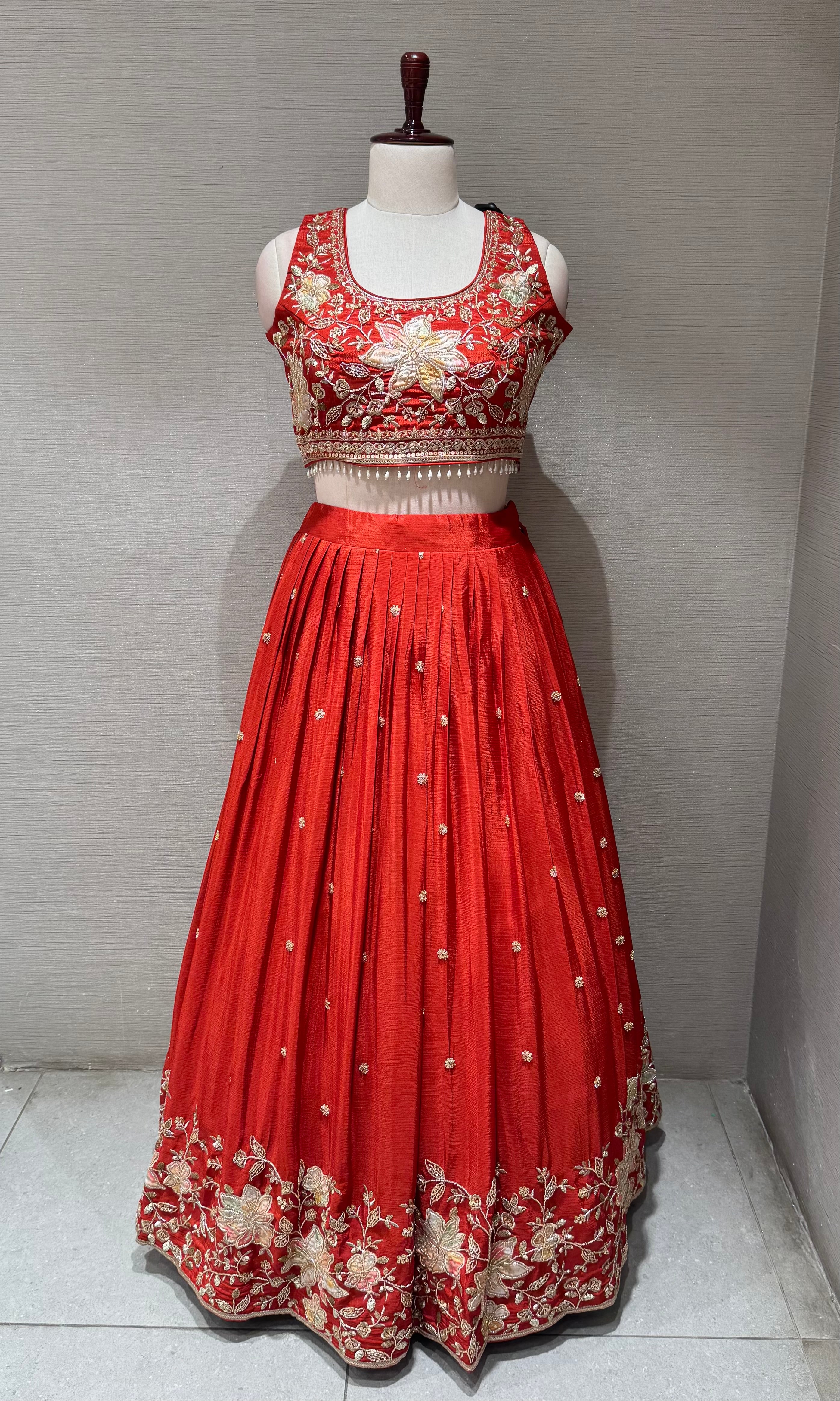 Orange Tissue silk Floral Embroidered Lehenga Set