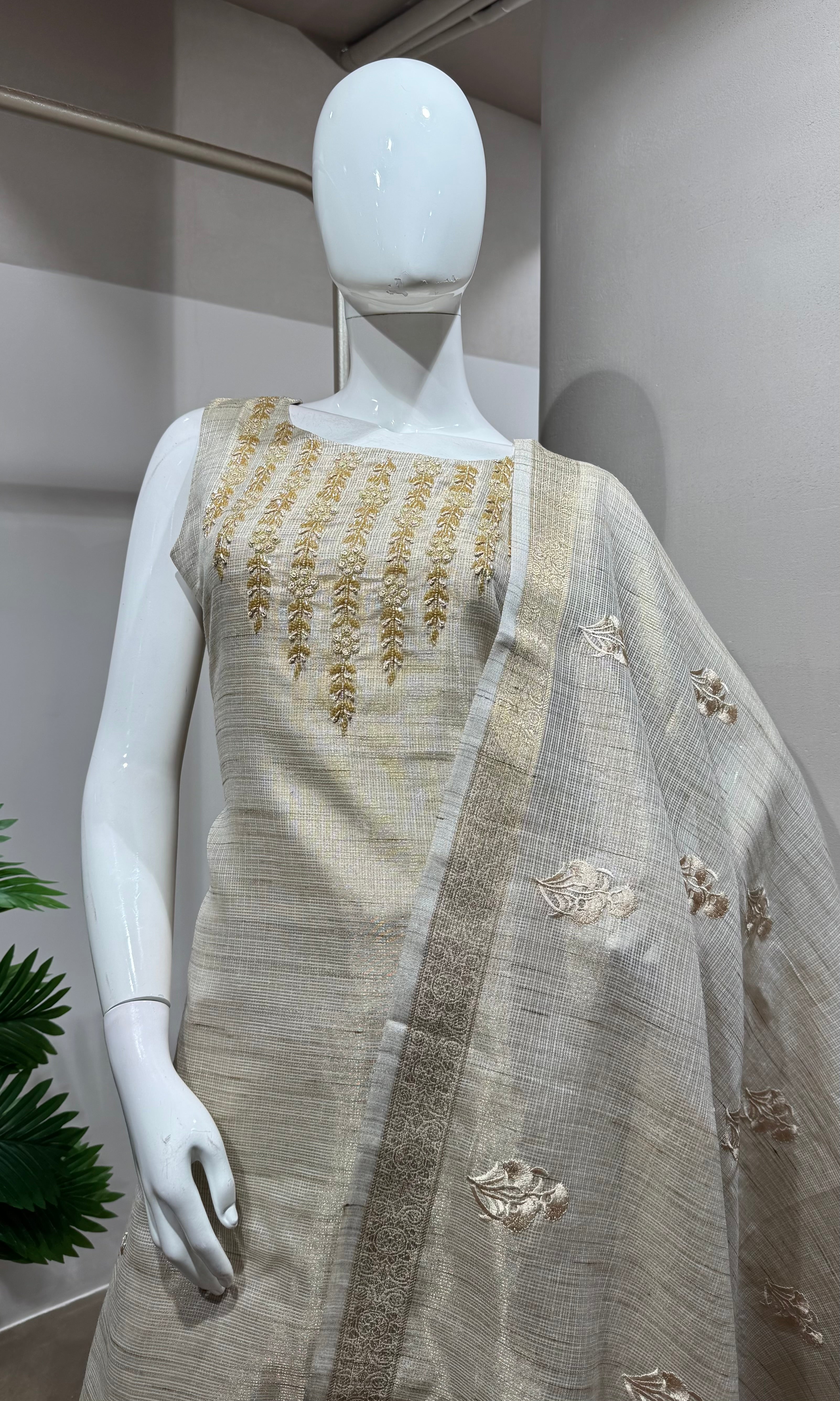 Fawn Banarasi Silk Elegant Kurta SET