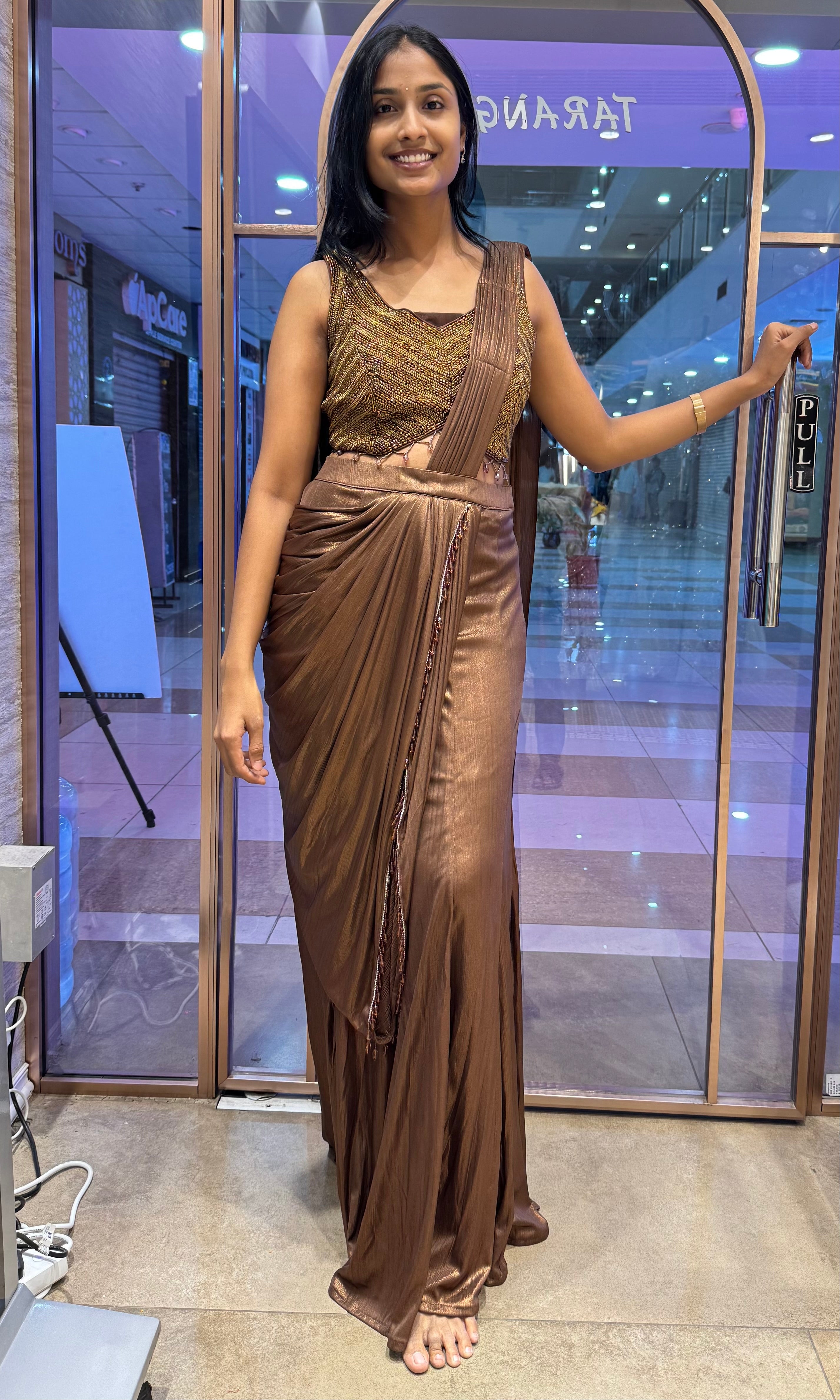 Copper Drape Saree with Beaded Blouse