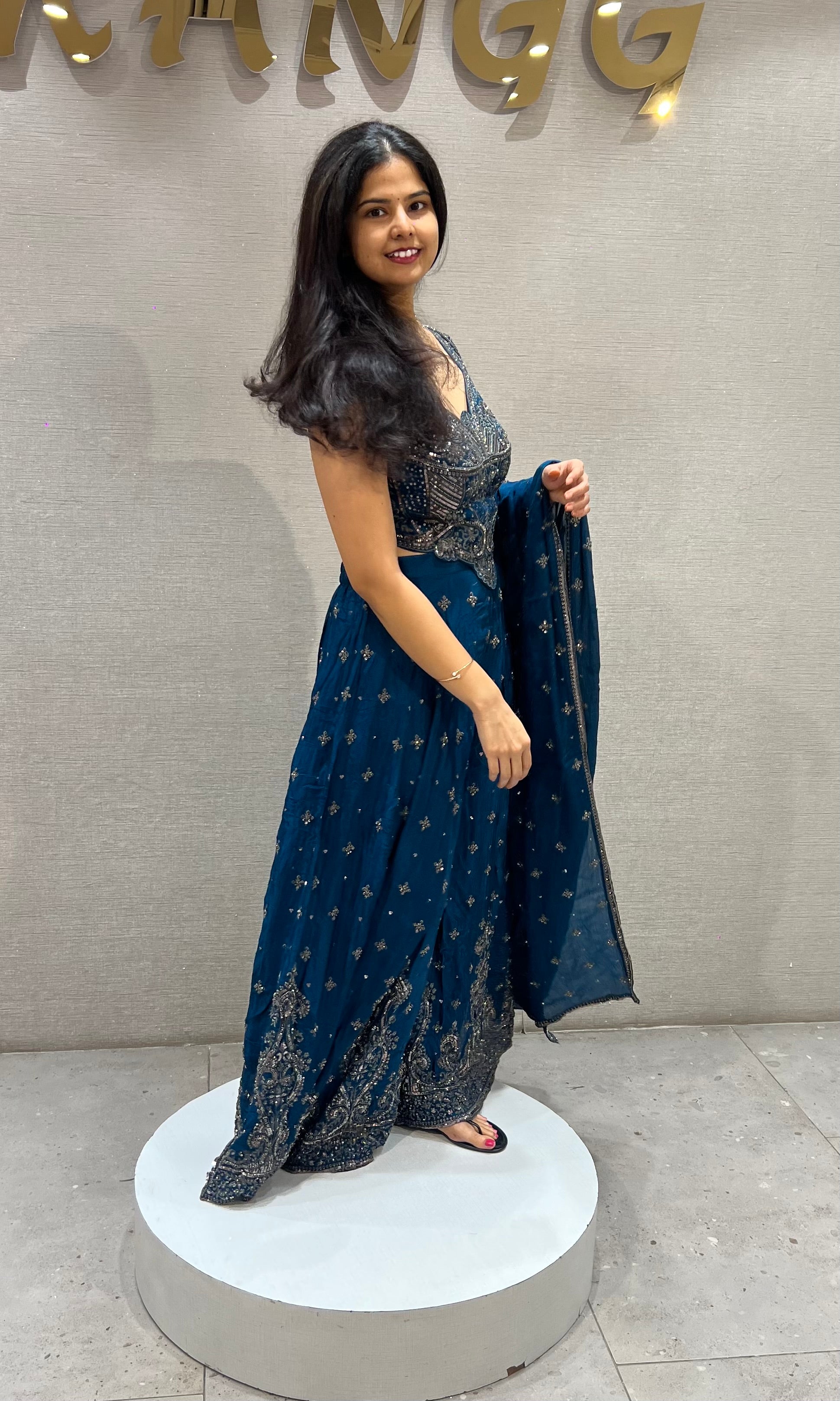 Navy Blue Chinon silk Embroidered Crop top Palazzo set