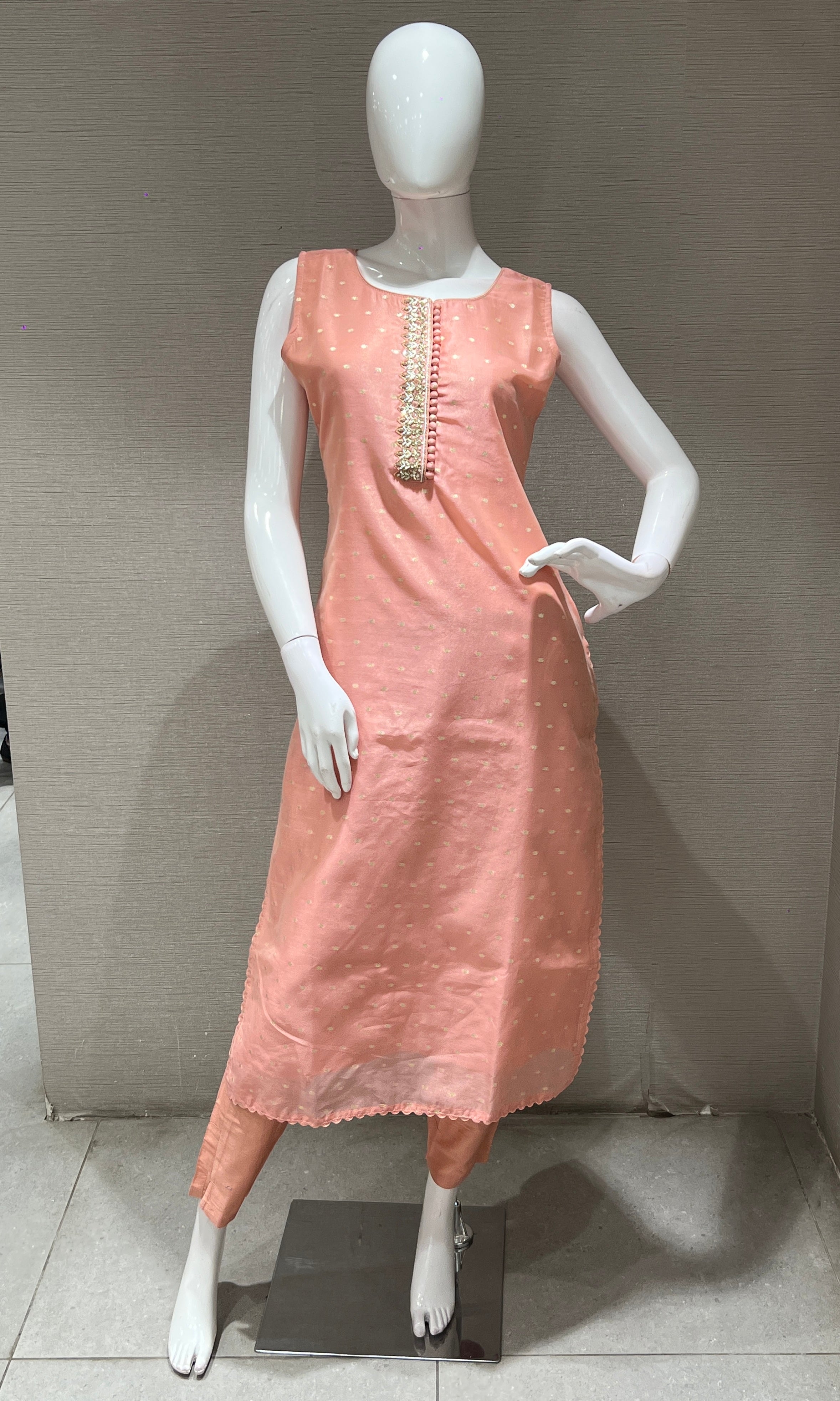 Peach kurta set with striped dupatta