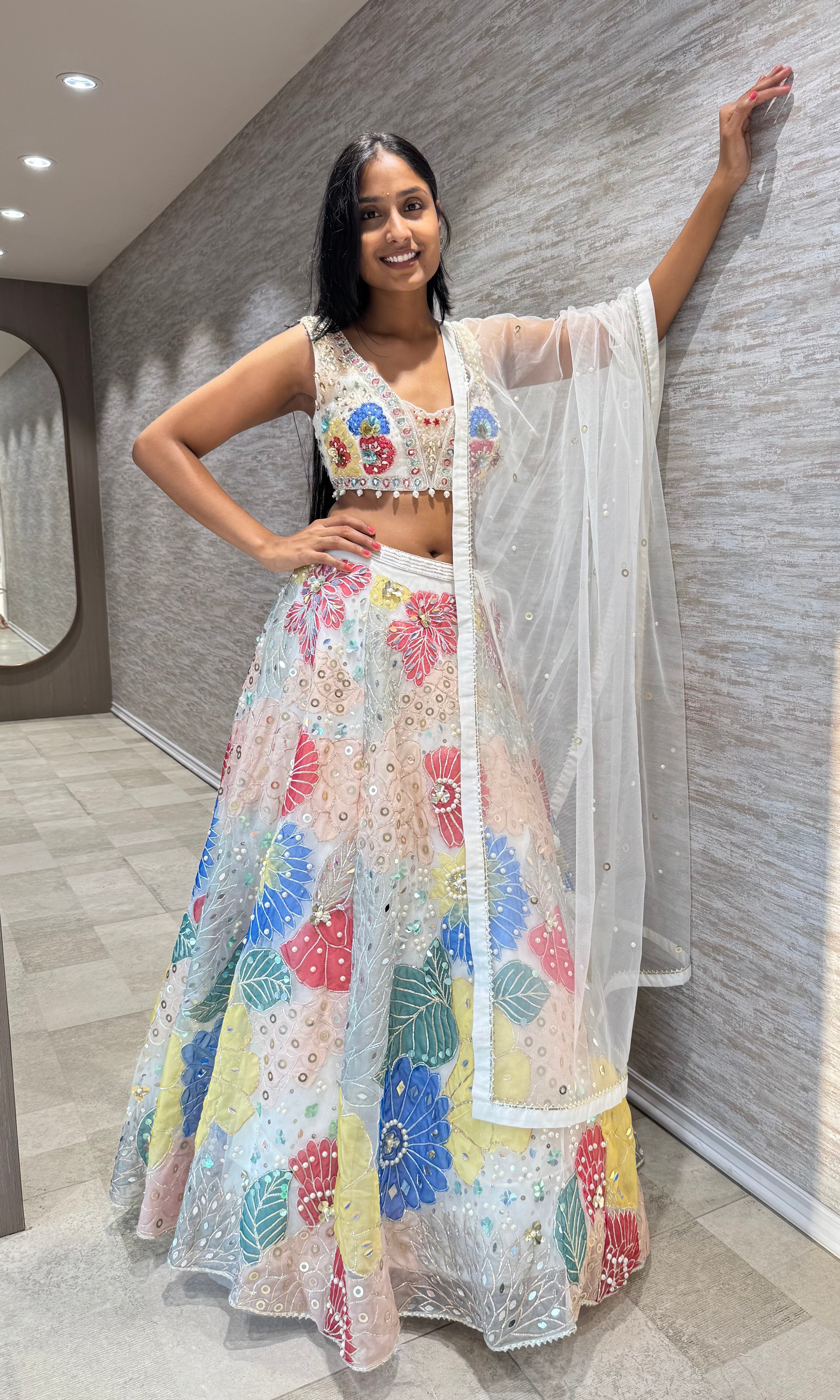 WHITE MULTI FLORAL EMBROIDERED LEHENGA