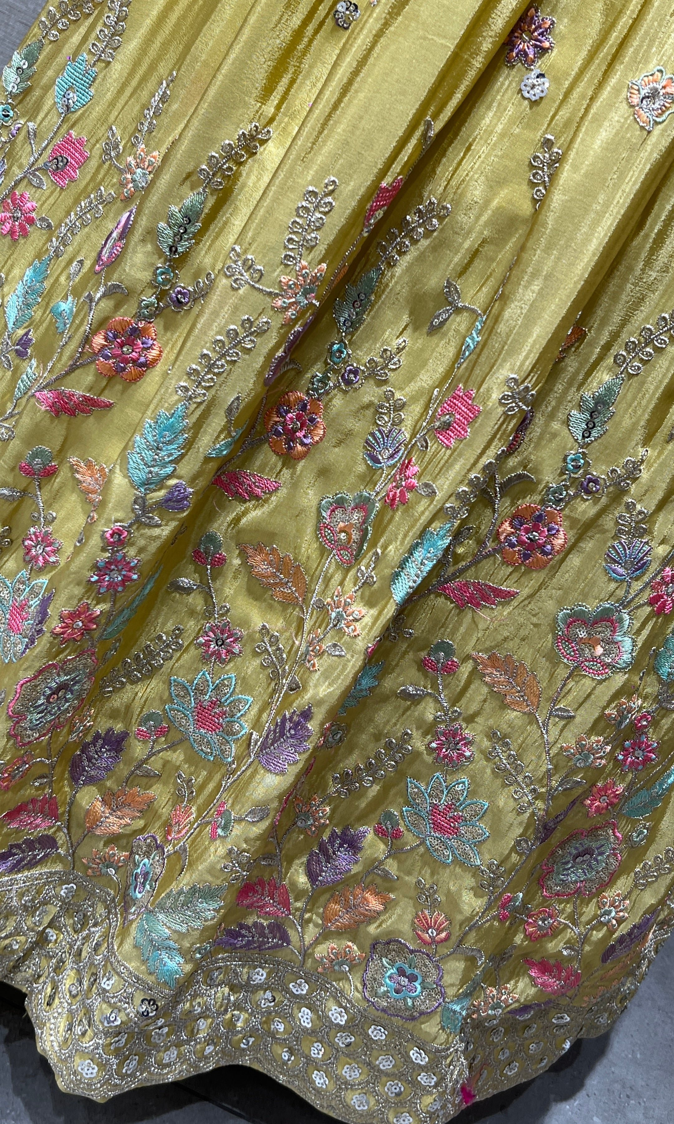 Light Yellow Anarkali Long Gown with Multicolor Floral Embroidery