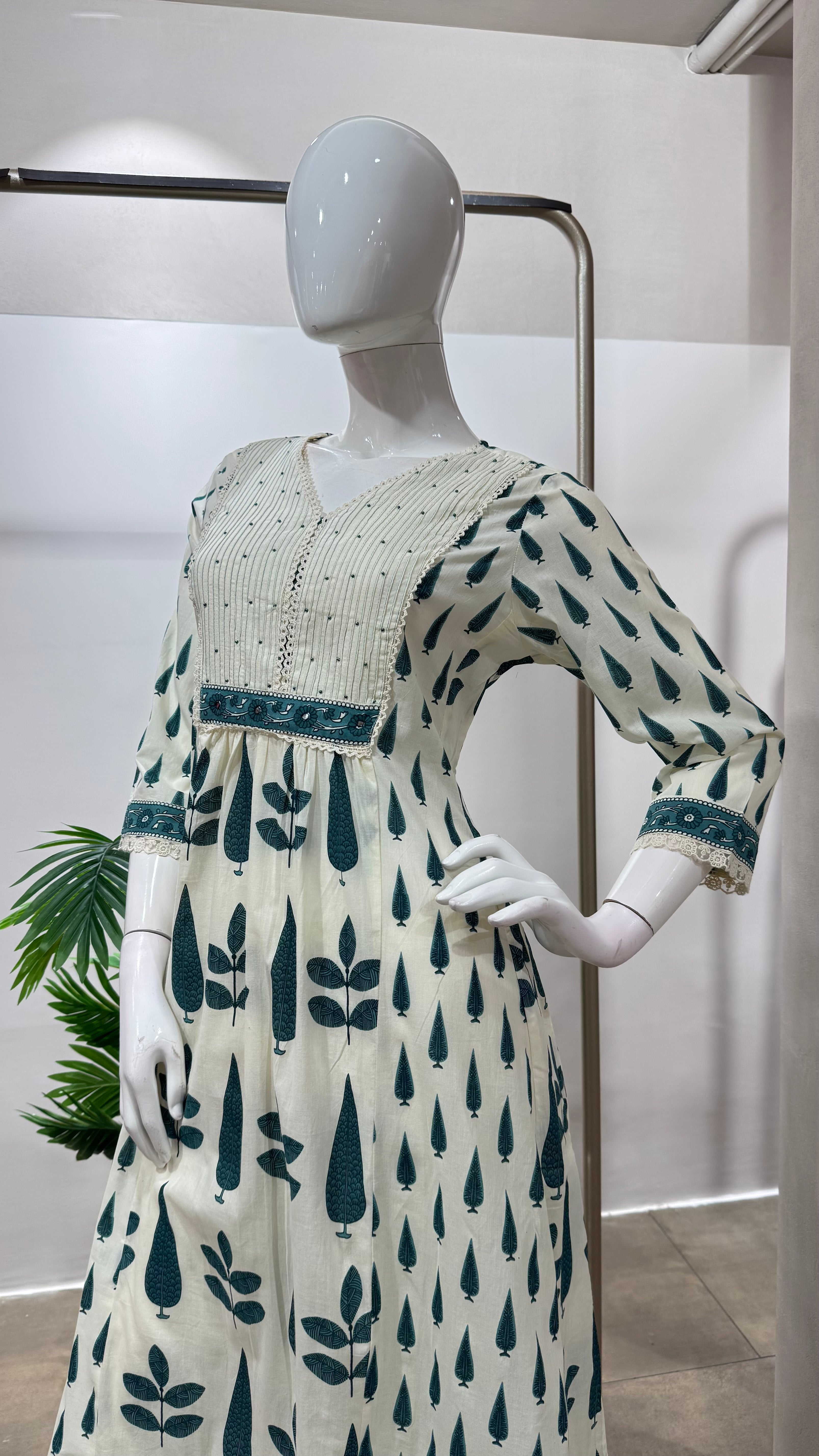 GREEN and white ethnic printed anarkali set