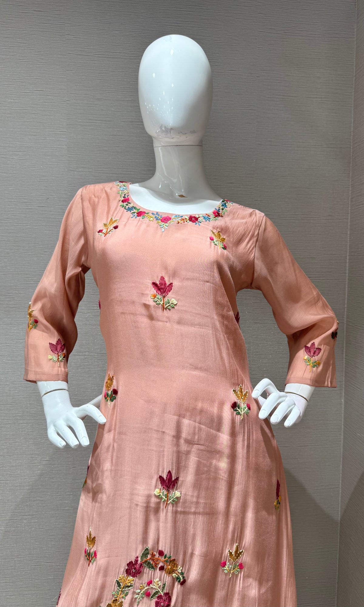 Peach Blossom Floral Embroidered Cotton Silk Kurta set
