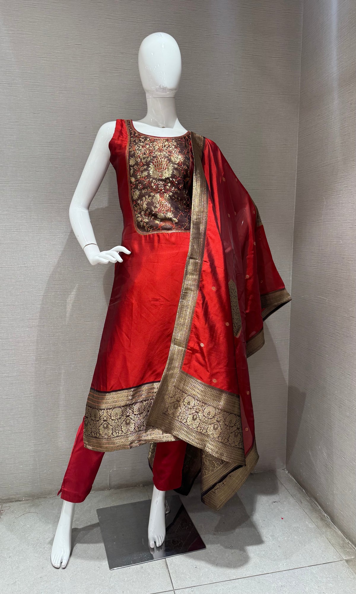 Red & Gold Banarasi silk Kurta Set with dupatta