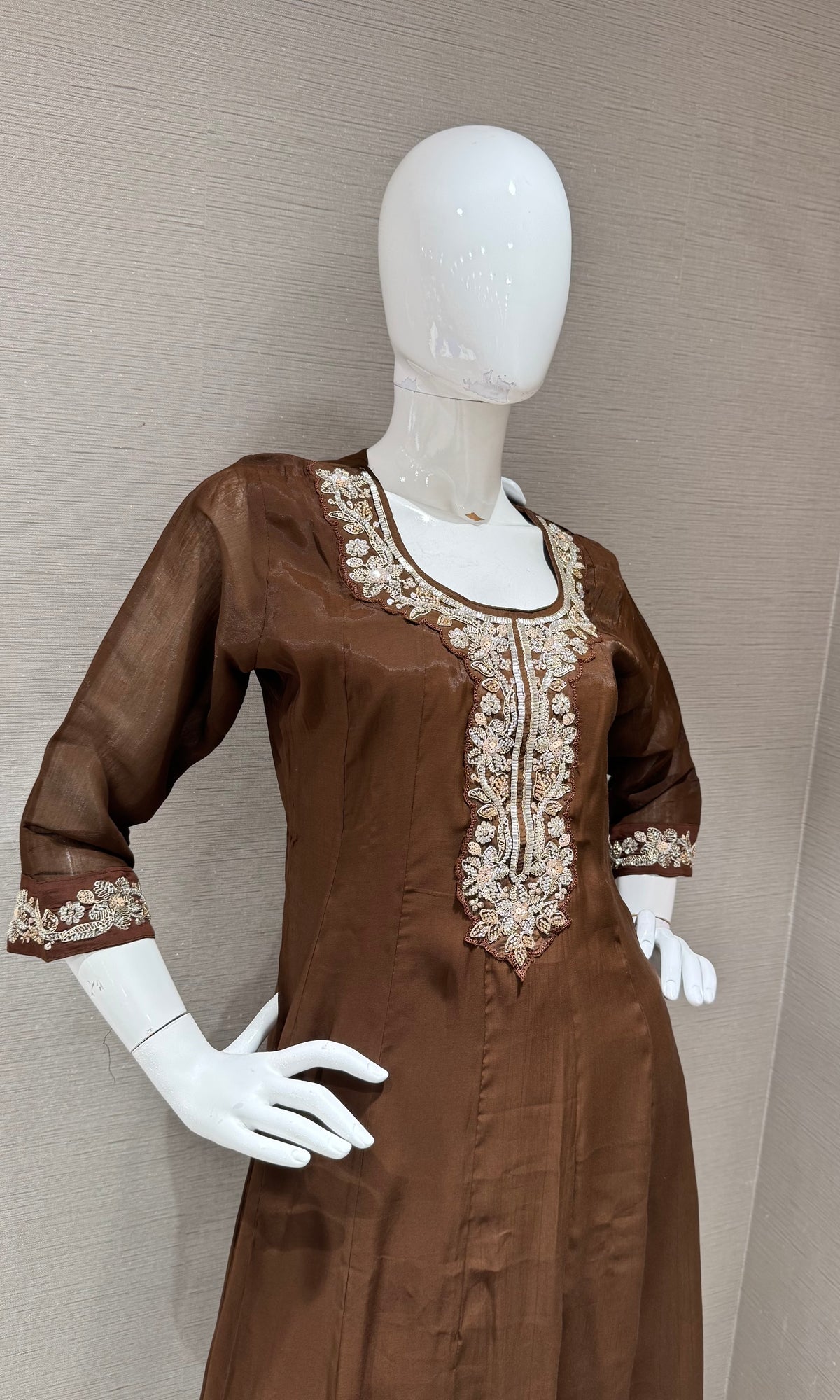 Brown Kurta set with Matching Sheer Dupatta