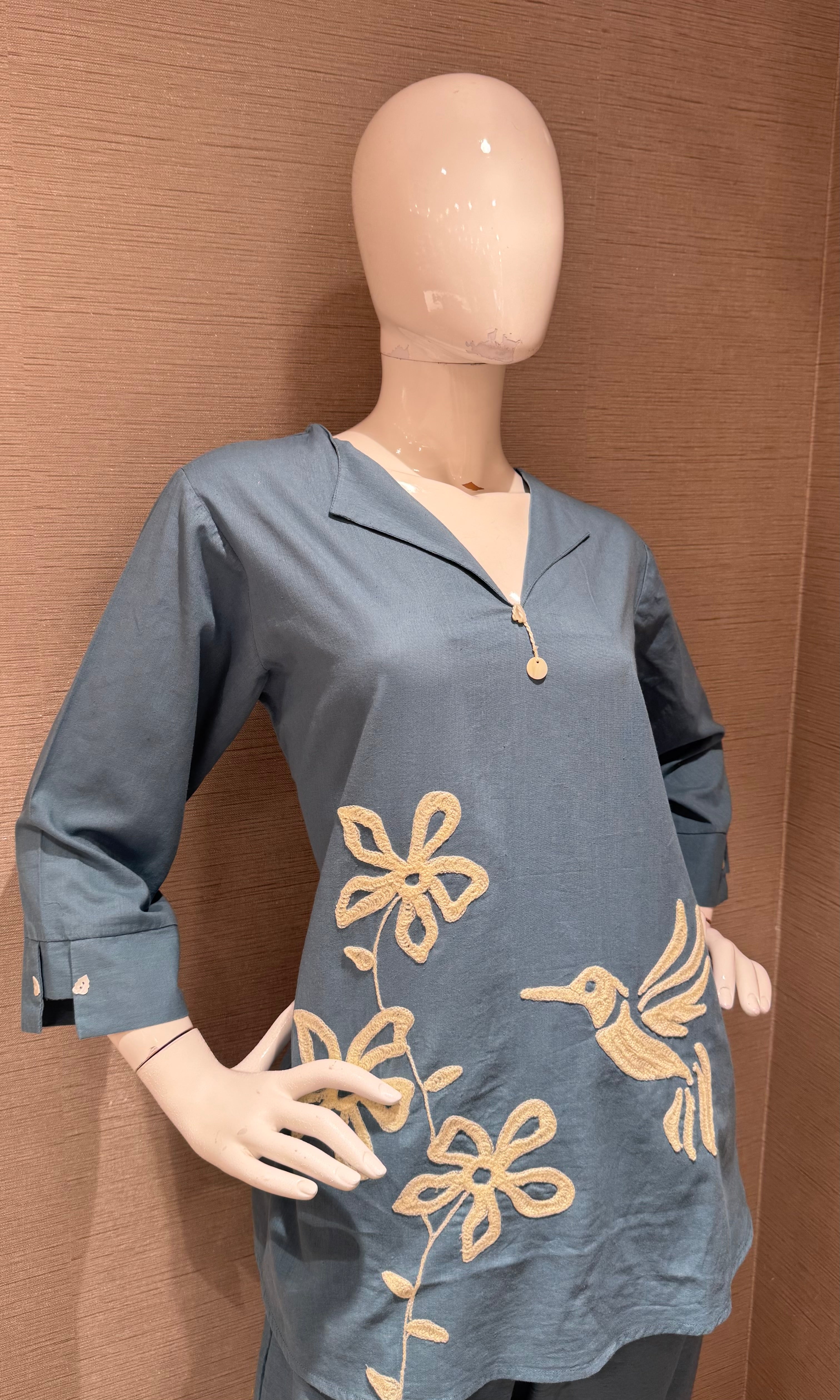 Blue Floral With Bird Embroidered Cord Set