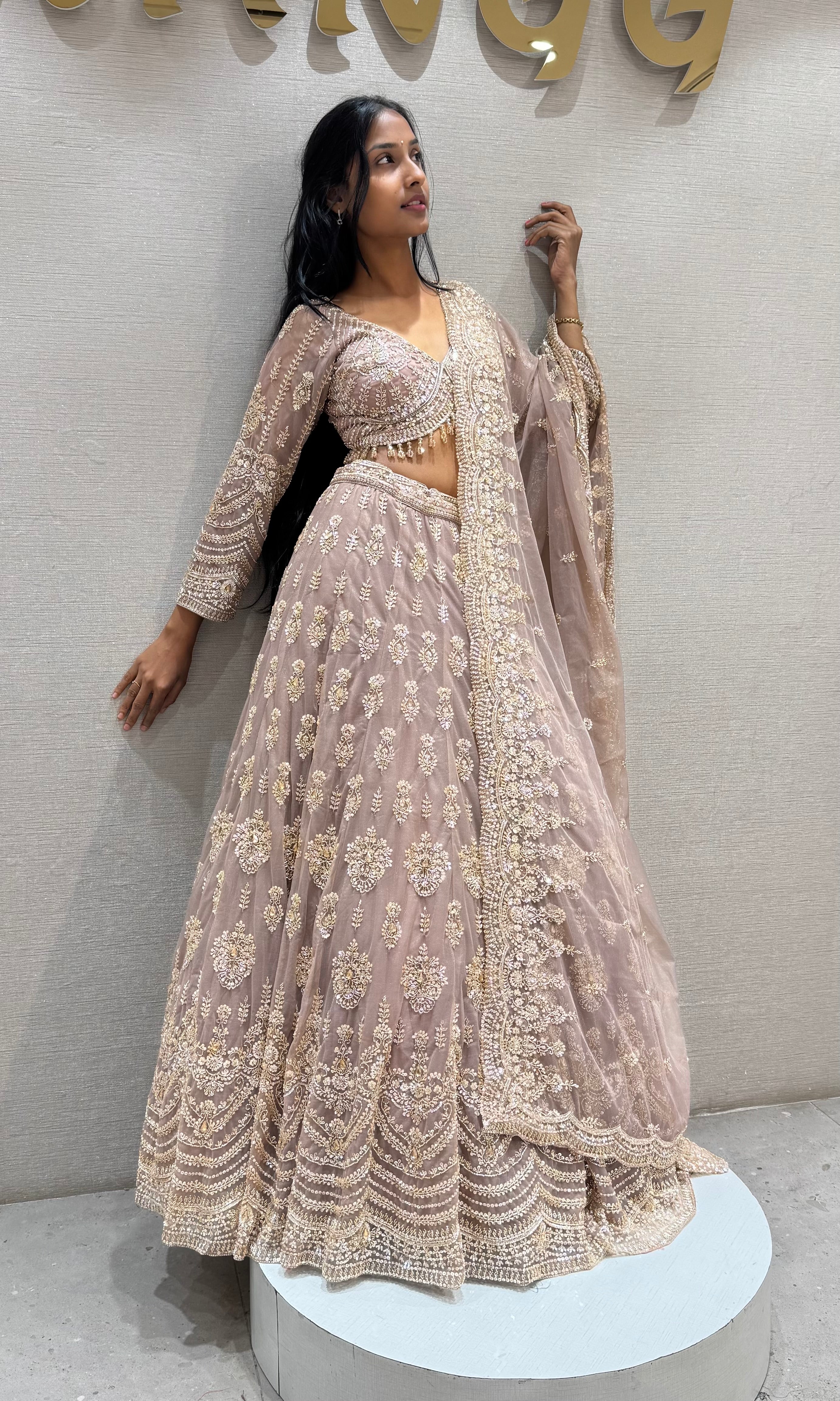 Mauve Embroidered Net Bridal Lehenga Set