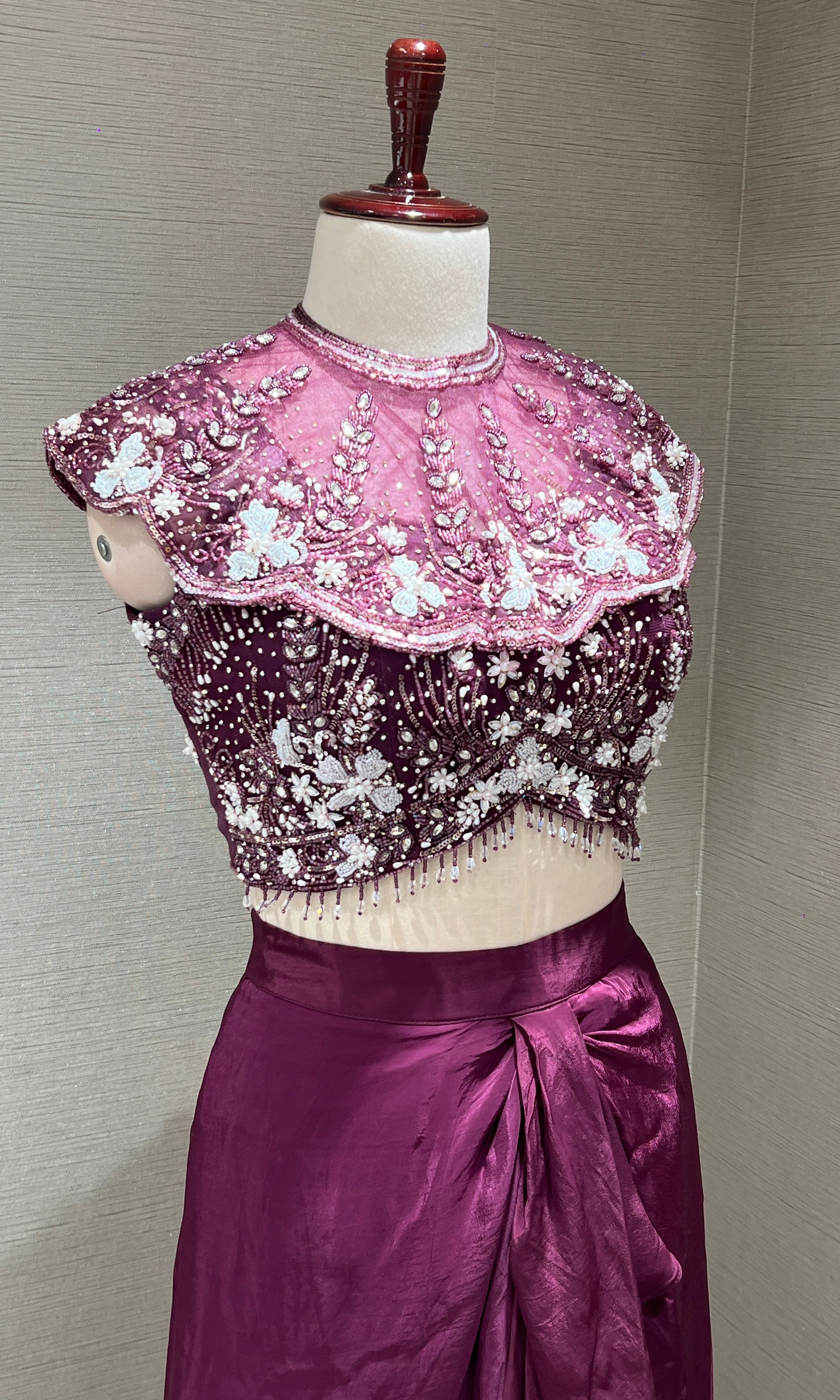 Wine Crystal Sequin BLOUSE with Ruffle Drape Skirt