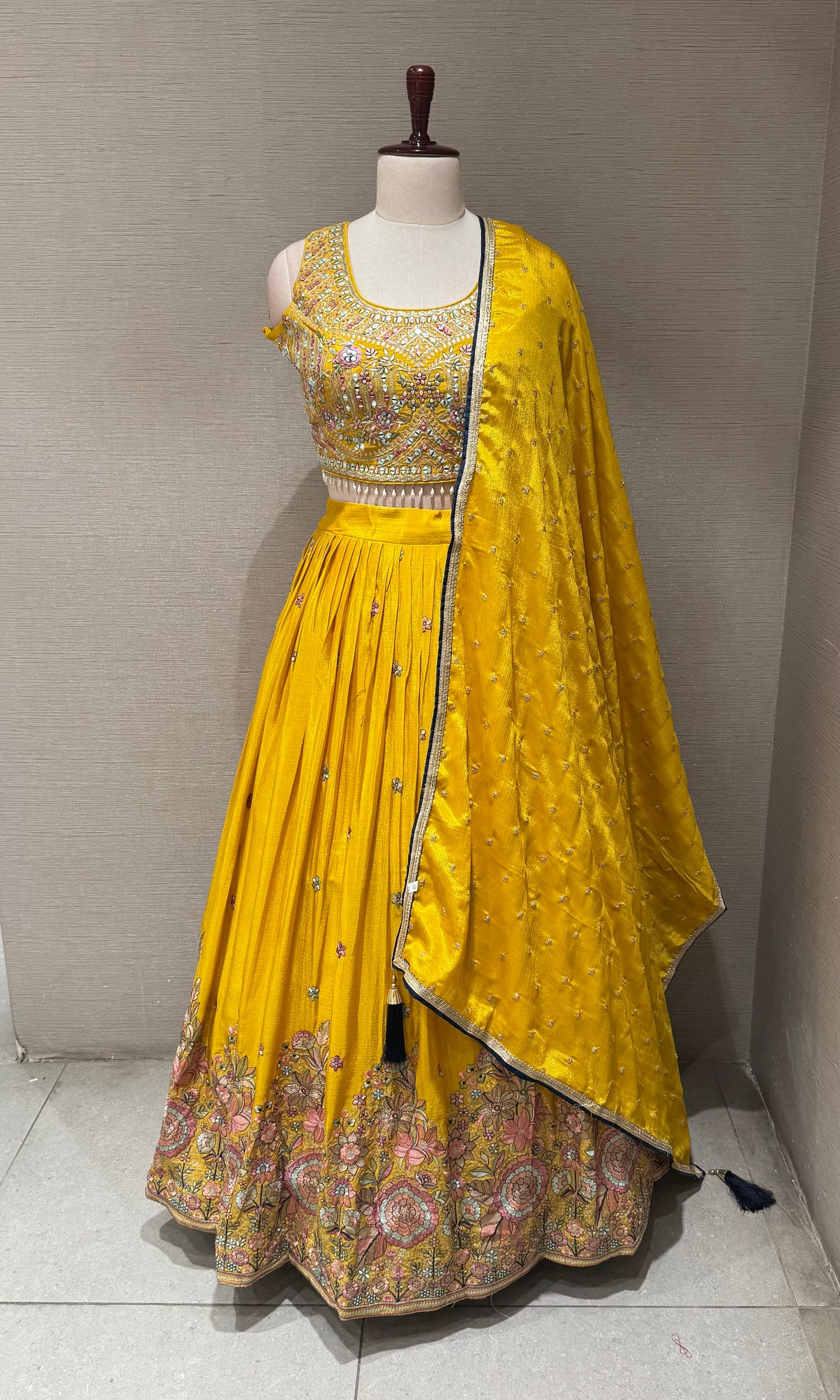 Yellow tissue silk Lehenga Set with Intricate Floral Embroidery