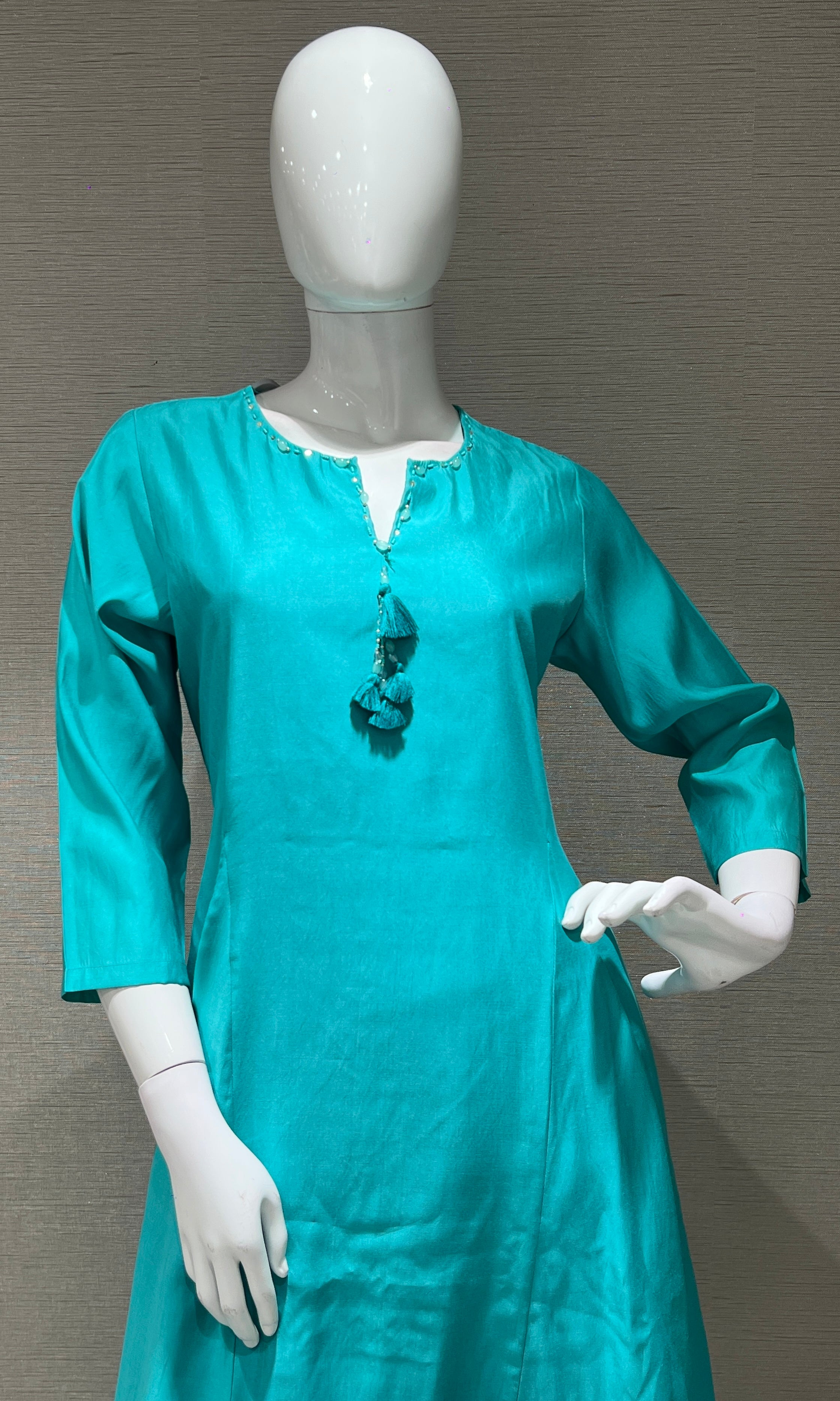 sea blue kurta set with floral printed dupatta