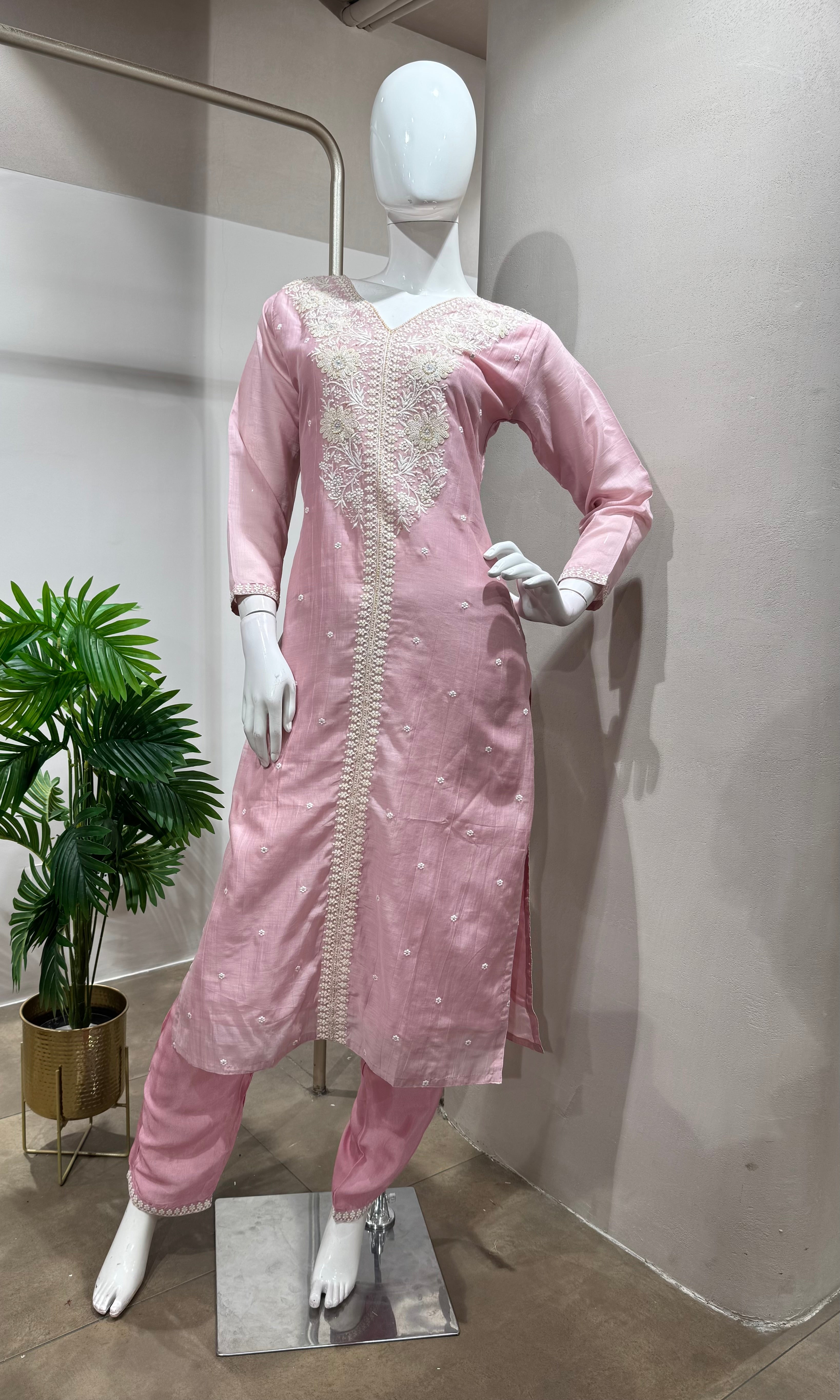 BABY Pink Chanderi Kurta with Floral Cut