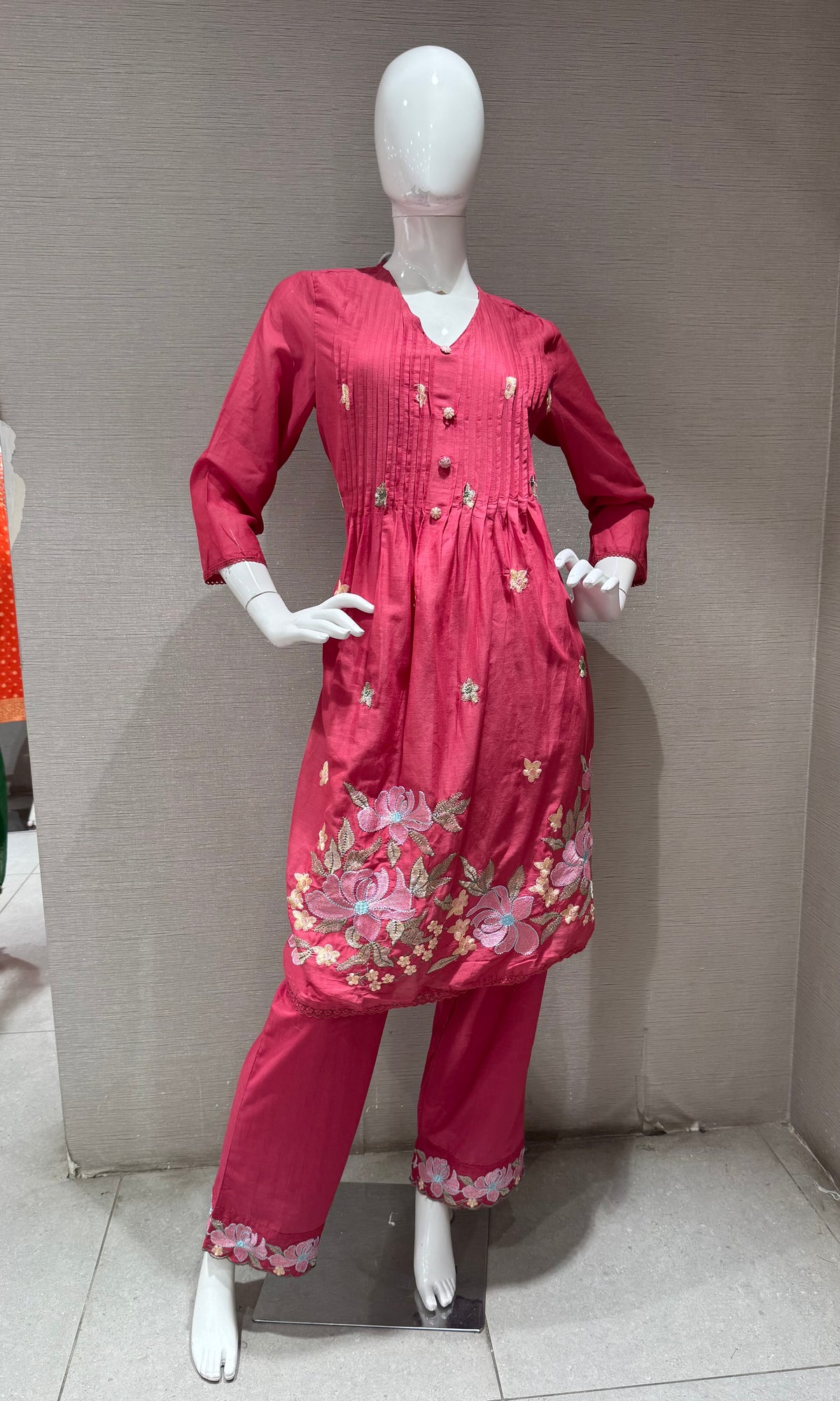 Pink Floral Silk Chanderi kurta Set