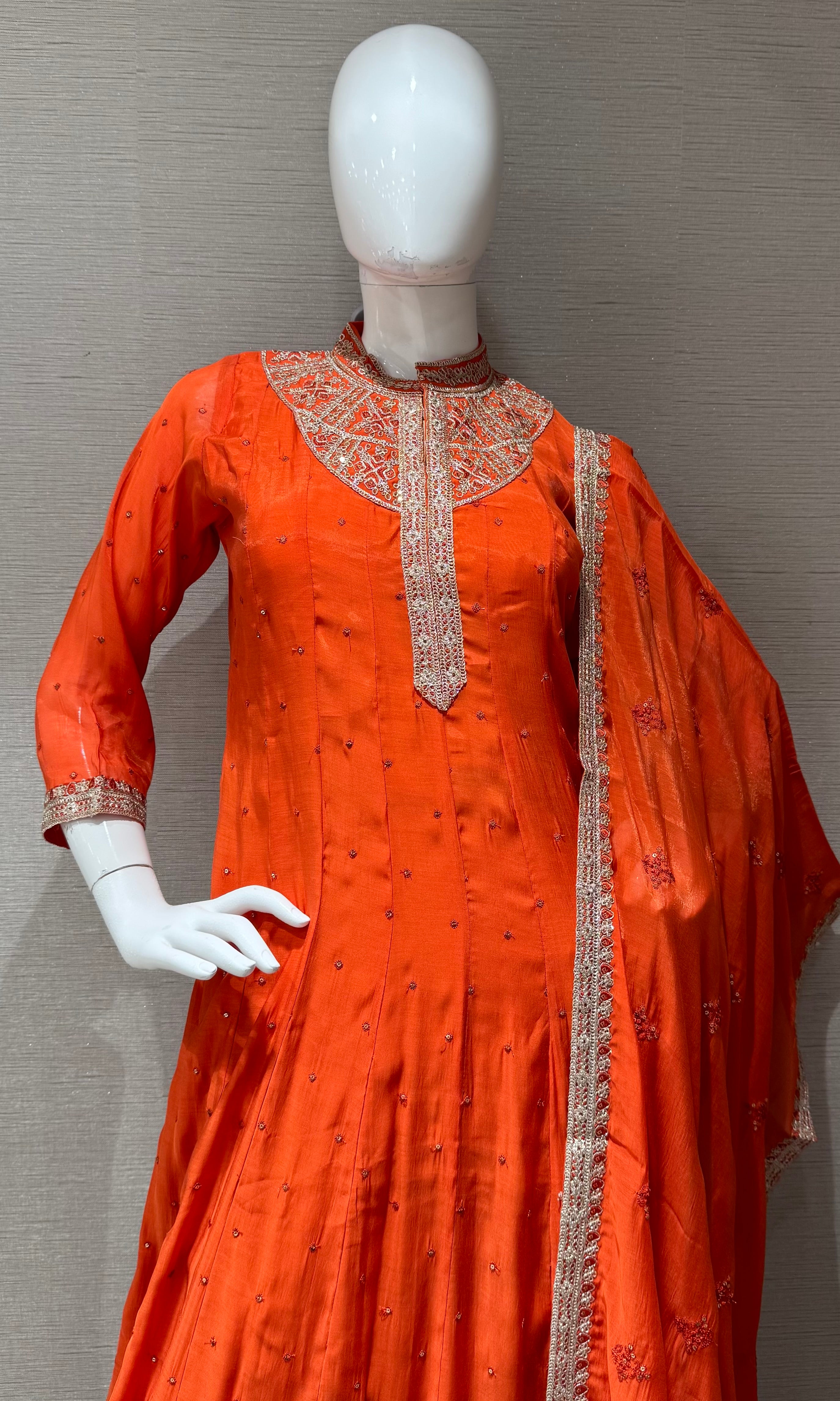 Orange Golden embroidered anarkali Set