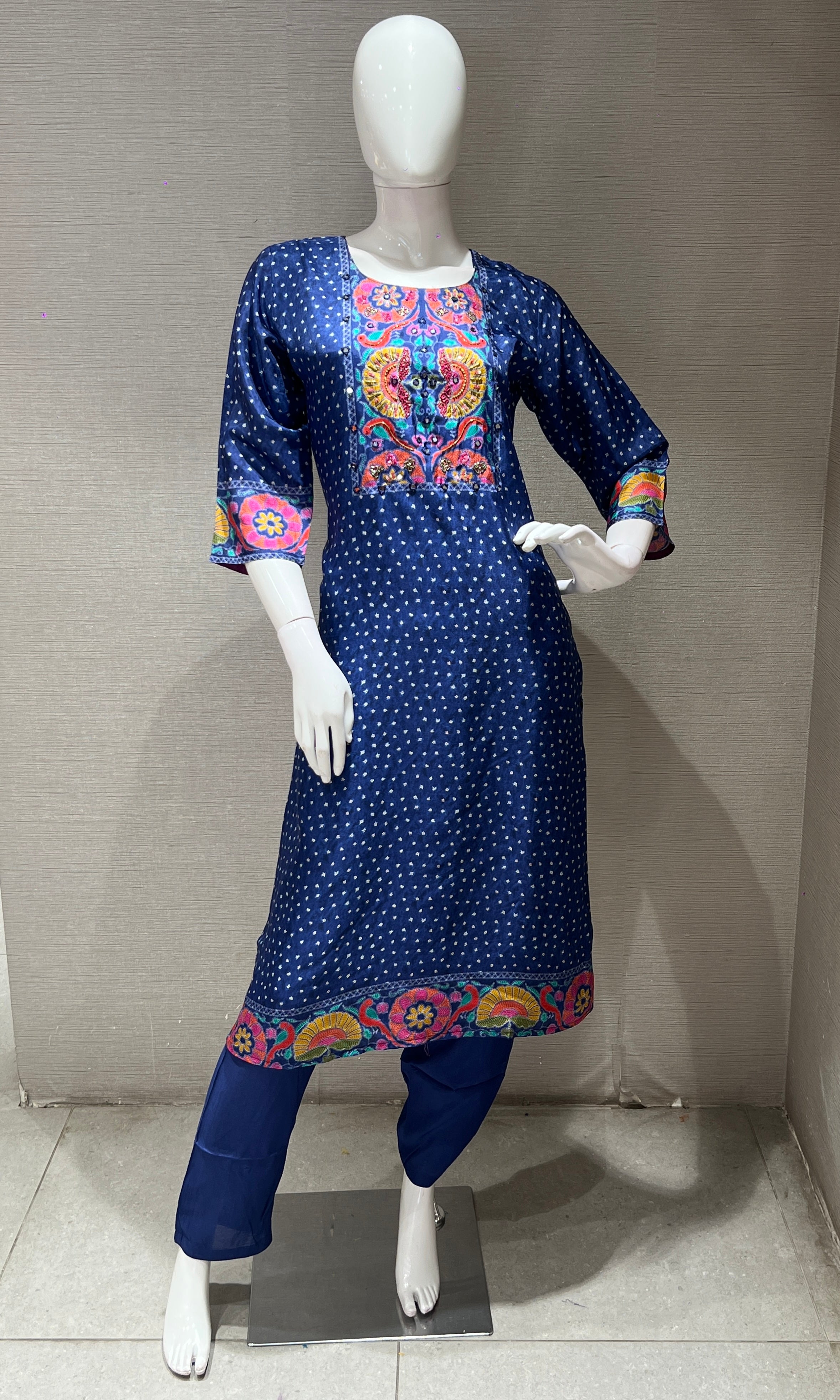 Blue Floral Print embroidered Kurta Set