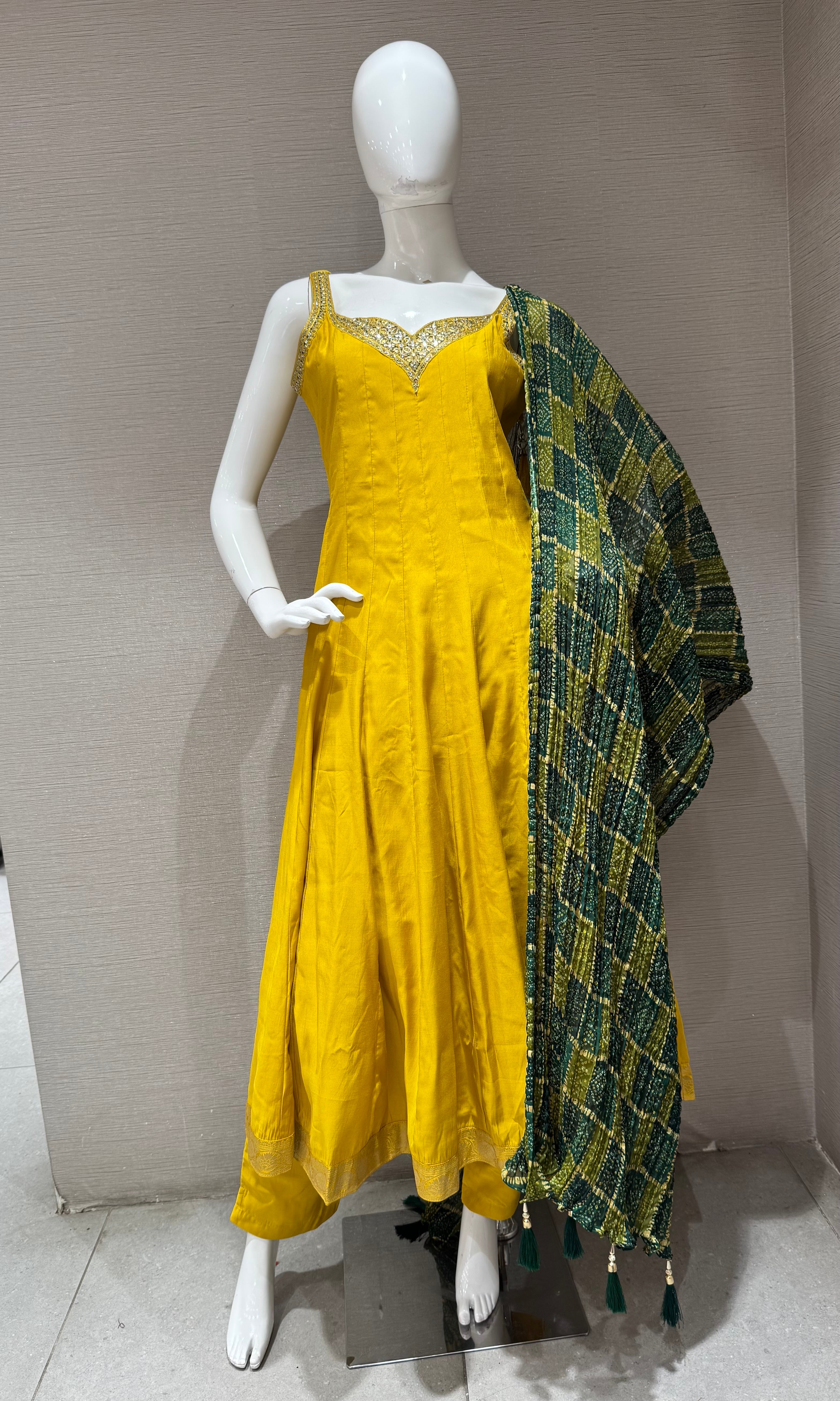 Yellow Silk Anarkali set with Contrast Green Dupatta