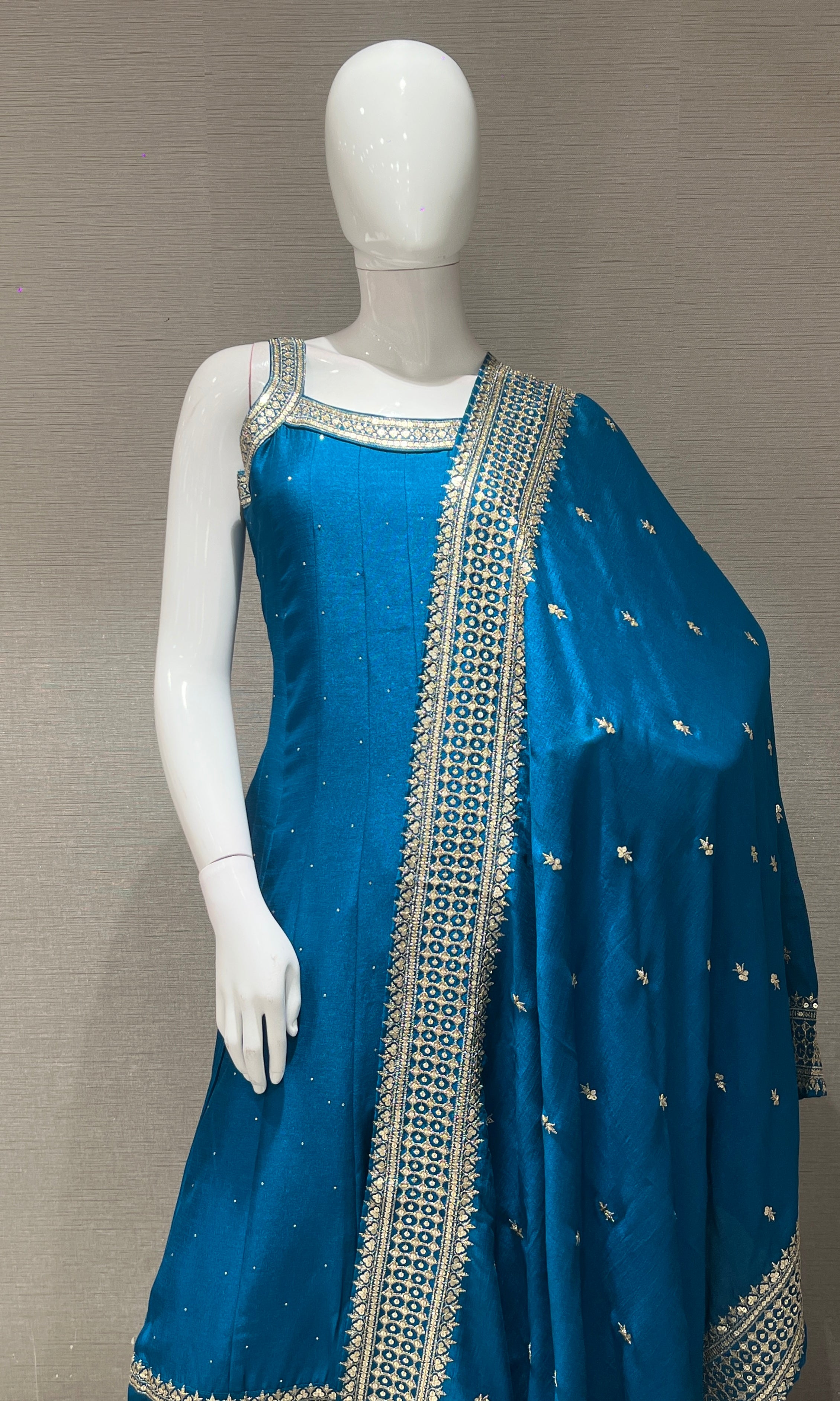 Blue anarkali set with gold embroidery