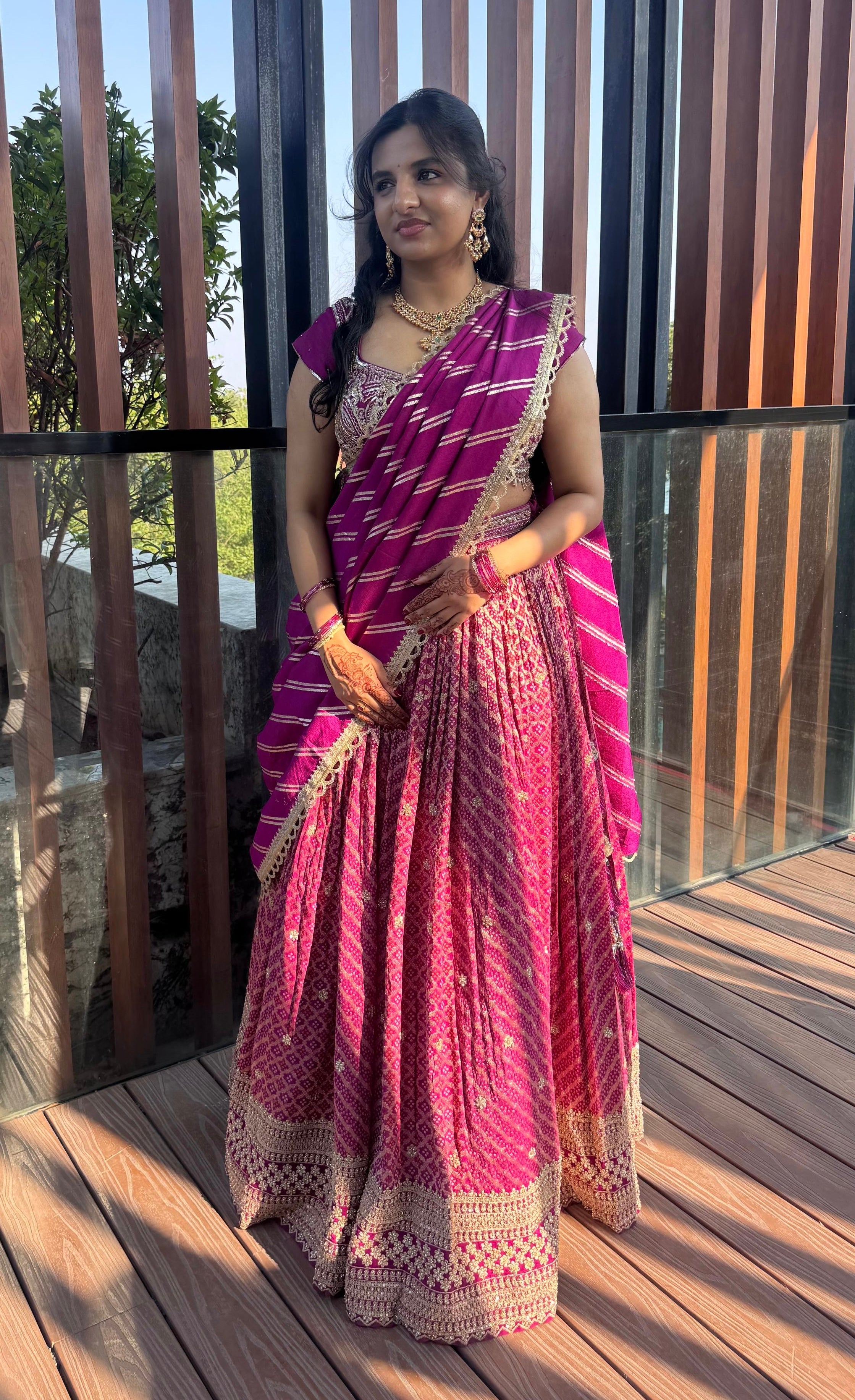 PURPLE BANDINI GOLD EMBROIDERY LEHENGA