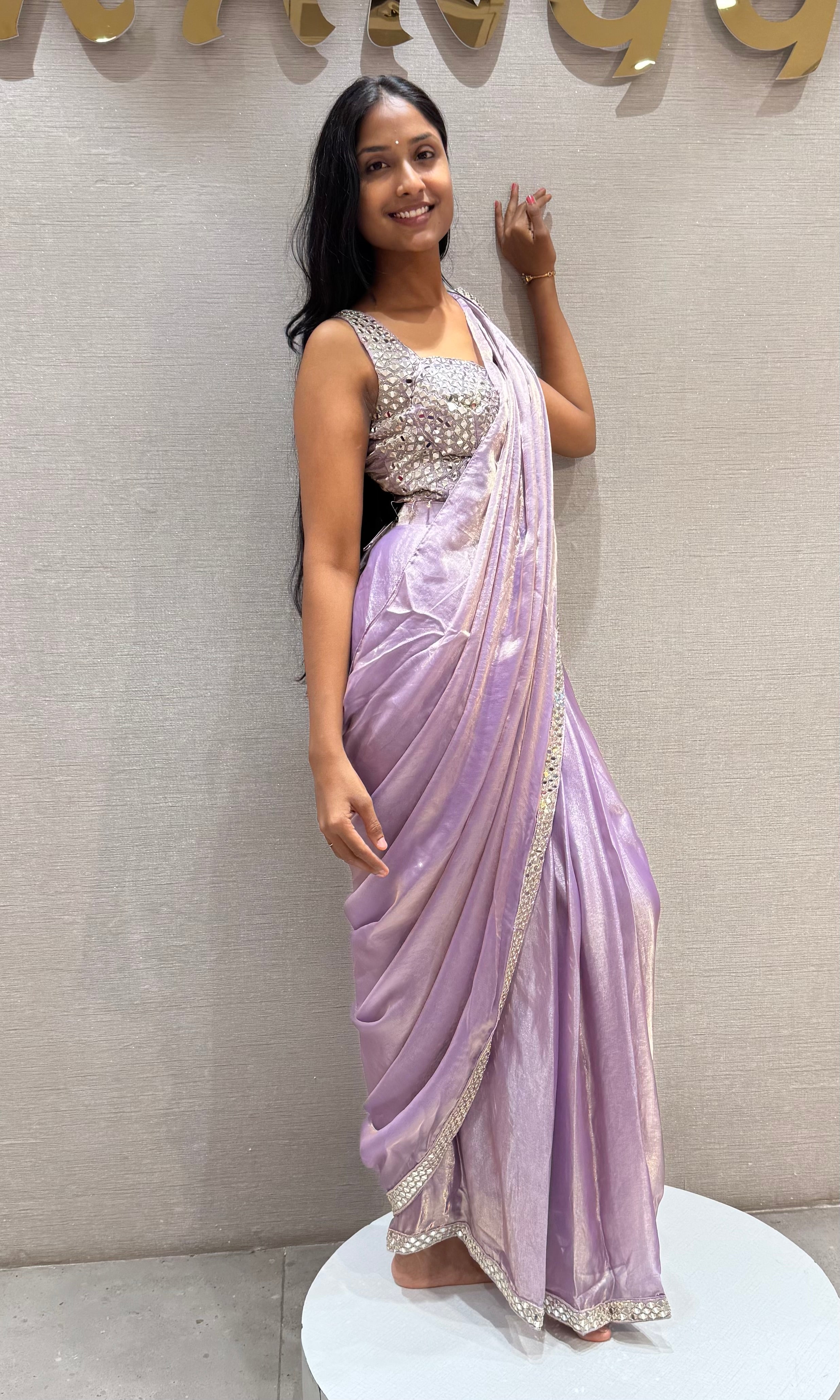 Lilac Metallic Party Wear Saree with Embellished Blouse