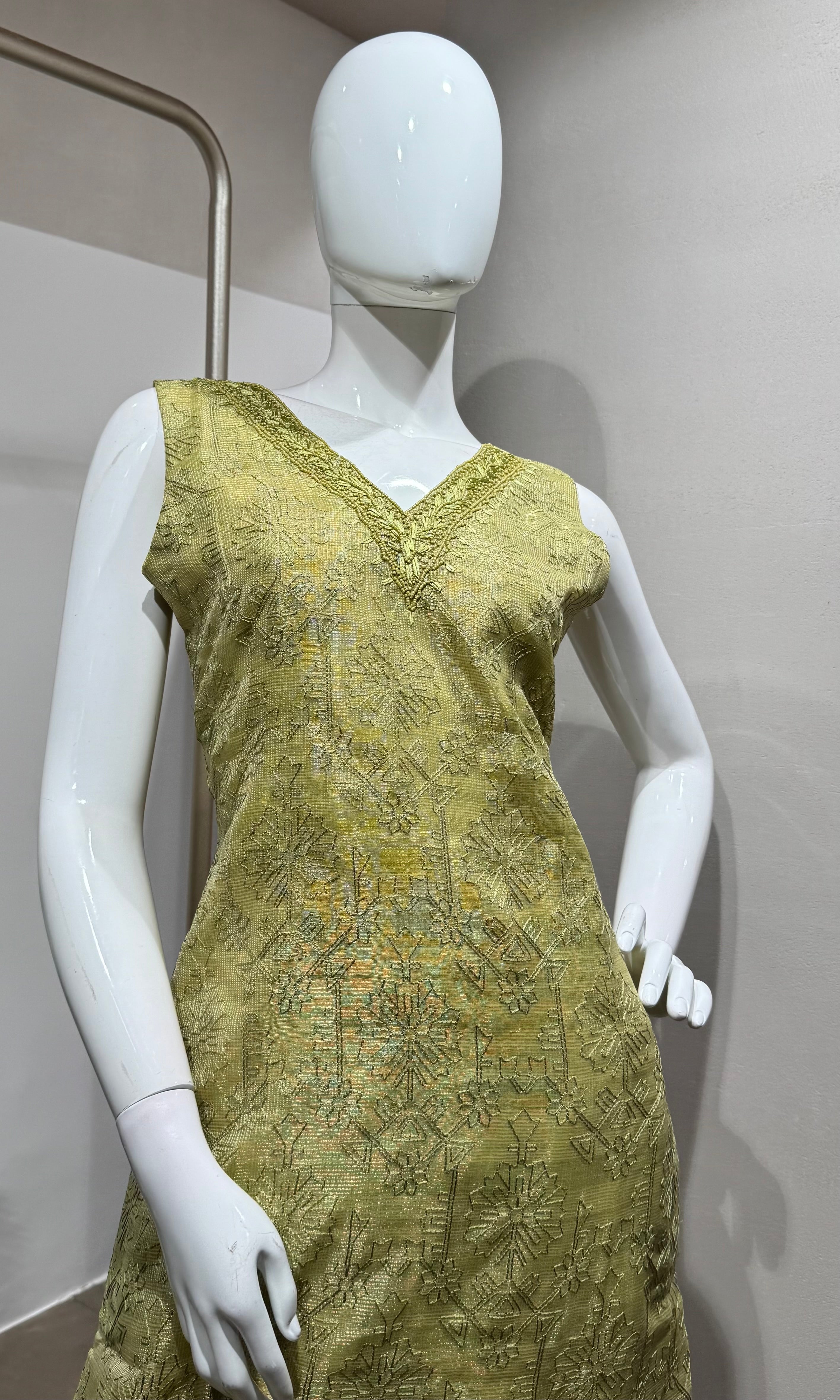 mehandi green embroidered tissue kurta set