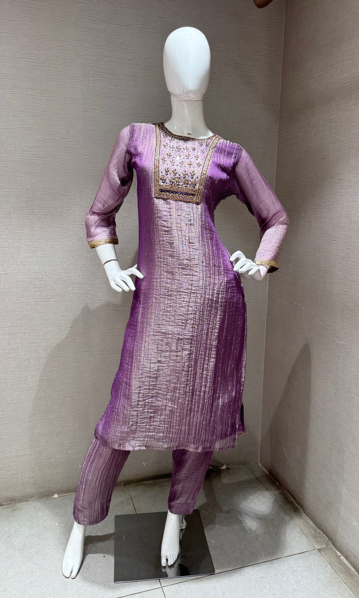 Lavender Tissue silk Salwar Kurta set with Gold Embroidery