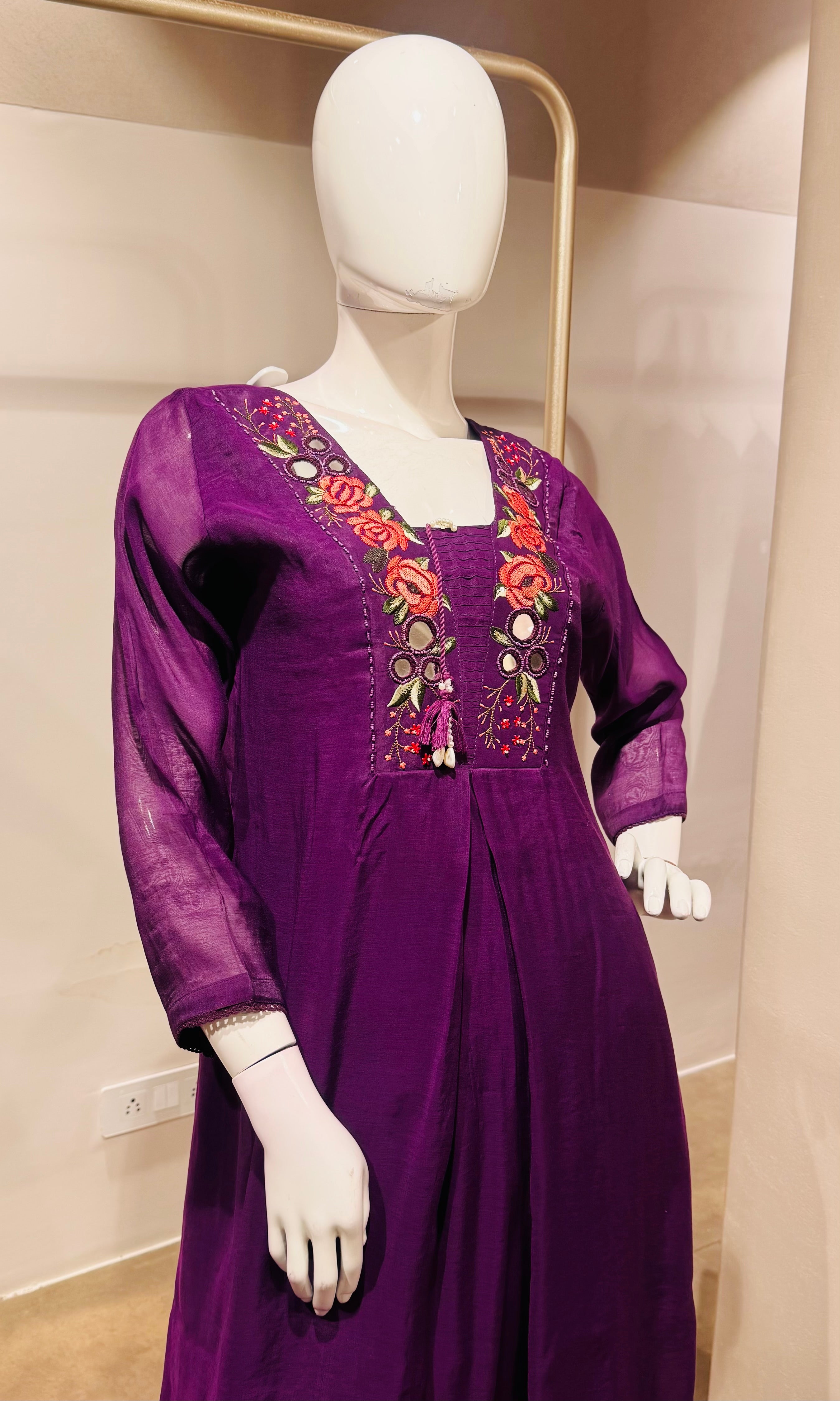 Wine Ethnic Kurta Set with Multicolored Neckline