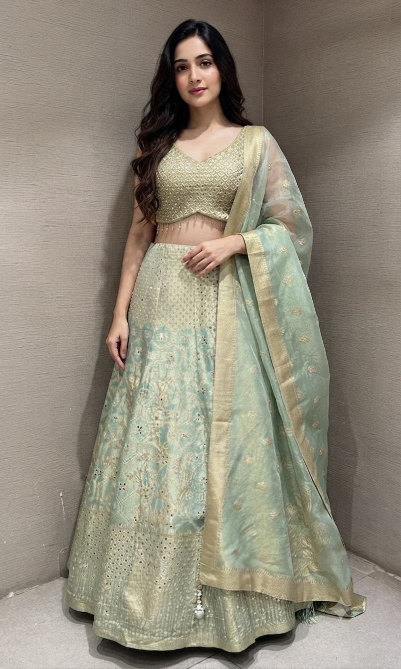 pista green Embroidered Lehenga Choli Set with Dupatta