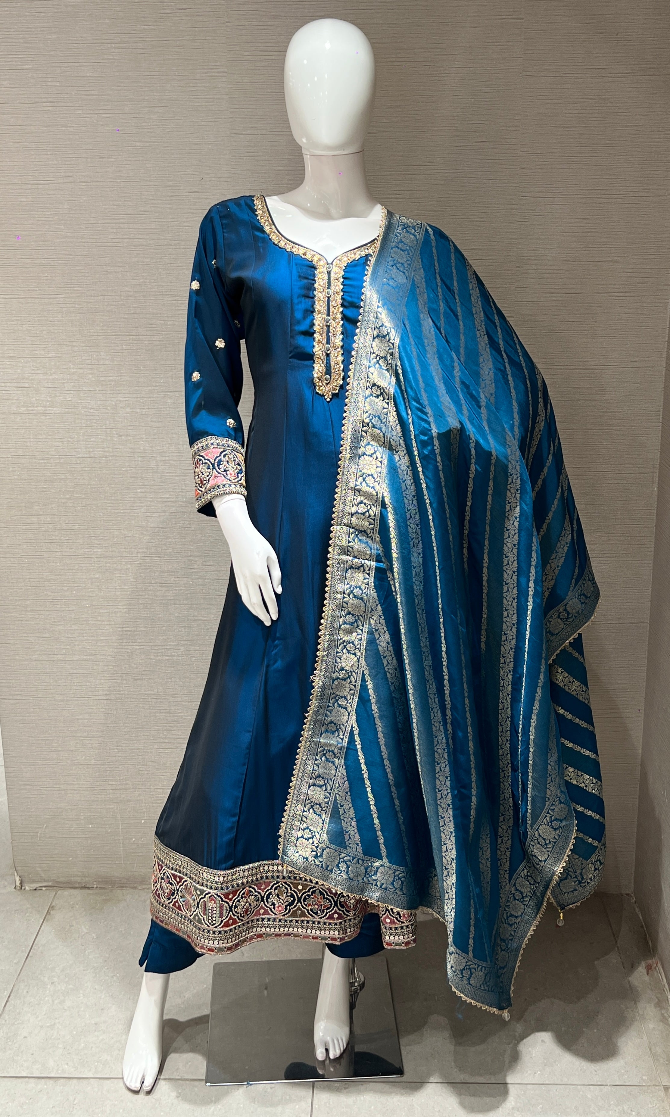 Rama blue gold embroidery Anarkali set