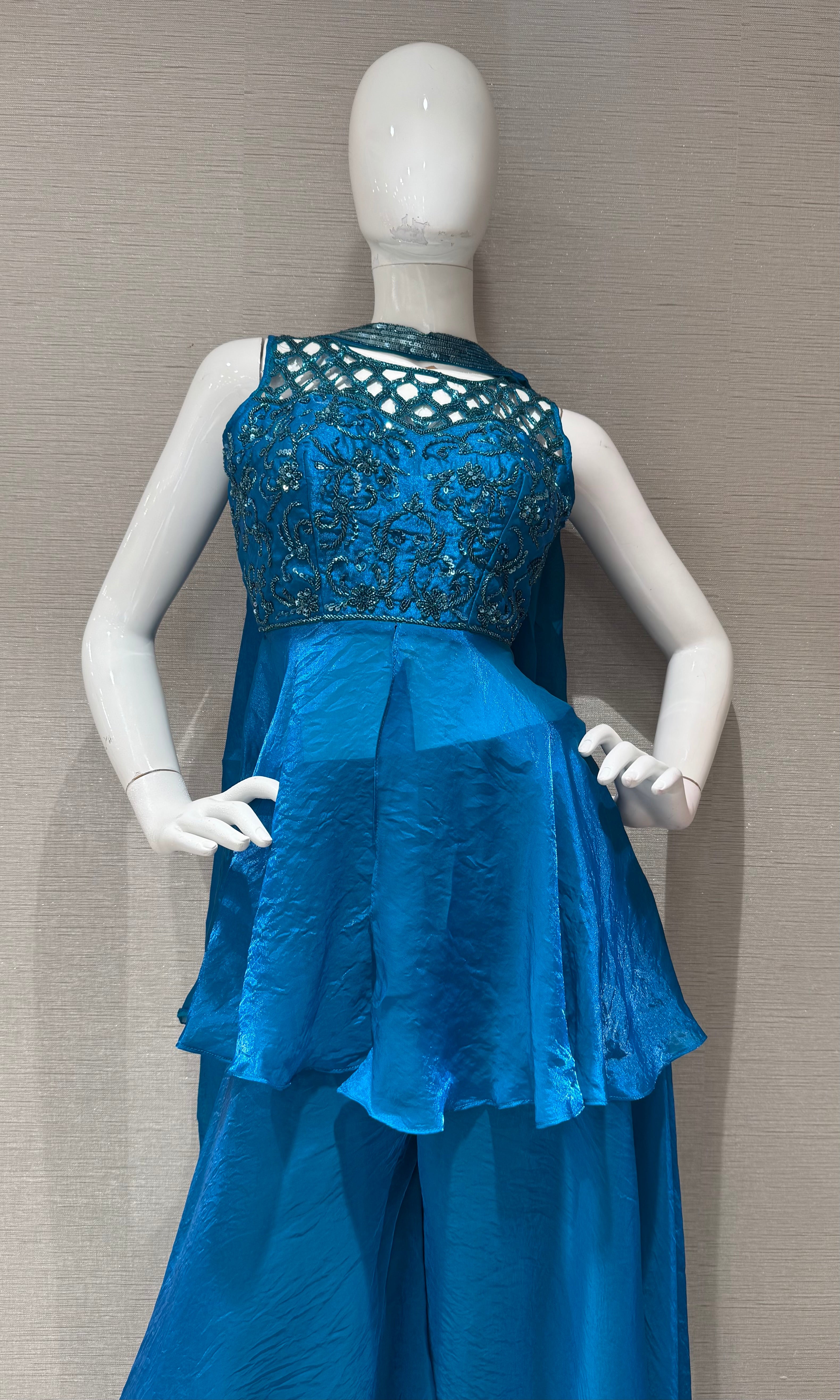 Rama Blue Lace Bodice Peplum Palazzo set