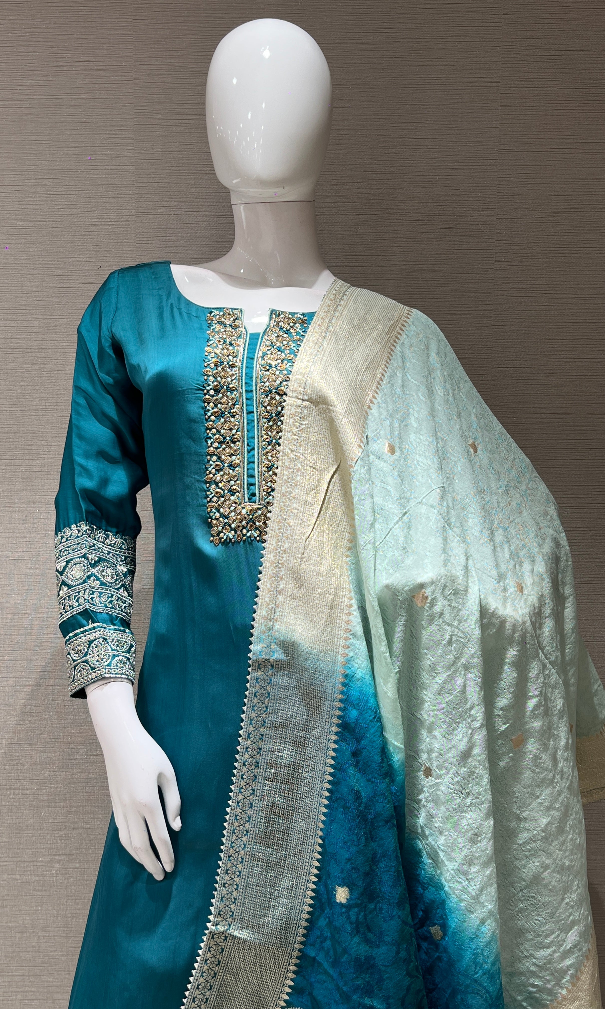 Teal Blue Embroidered Kurta set