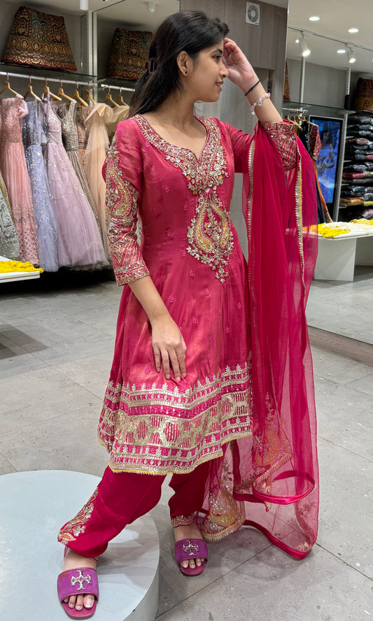 Pink shimmer anarkali Patiala style, long dress